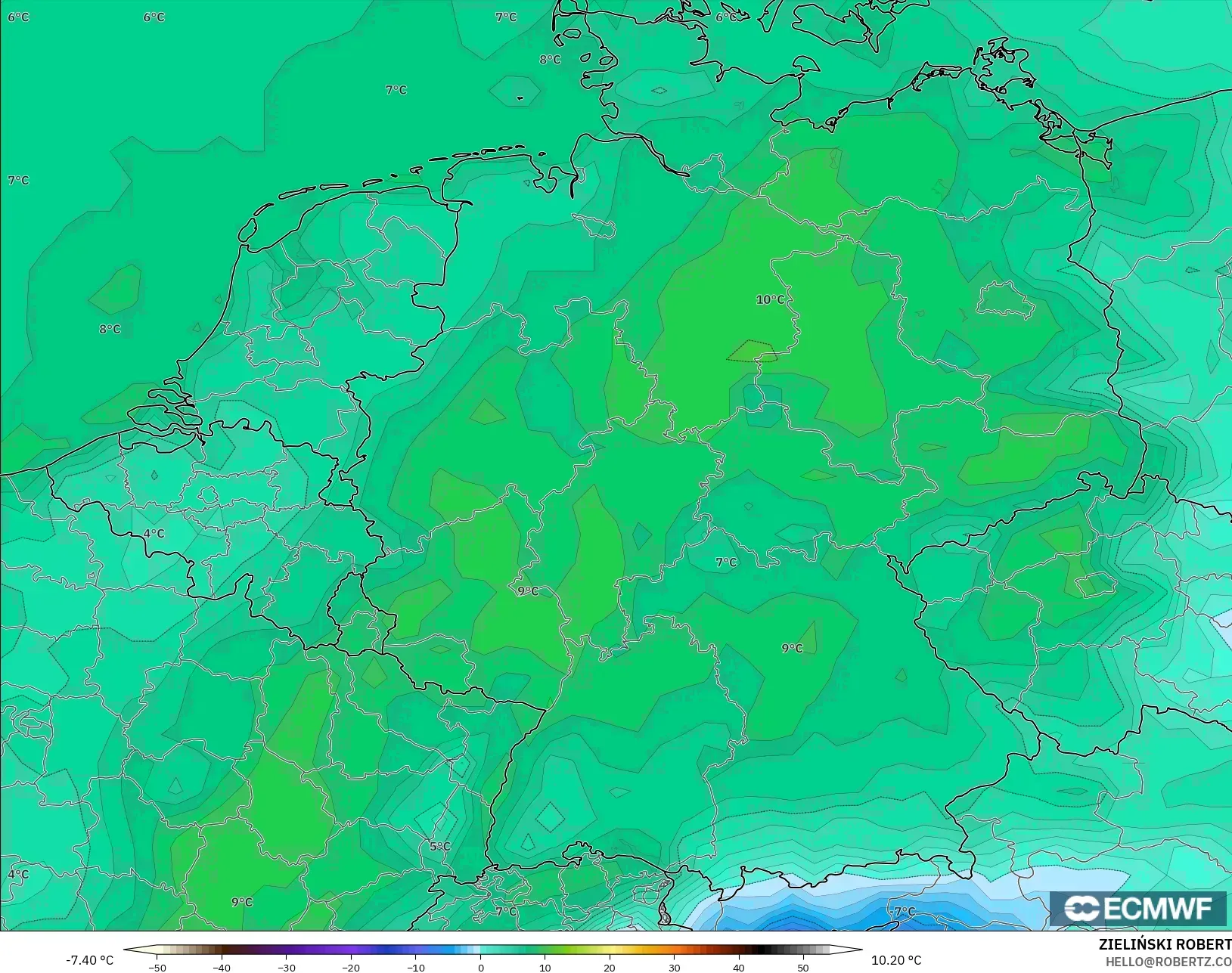 ECMWF IFS 0.25° modelo - Alemania, Punto de rocío a 2 m
