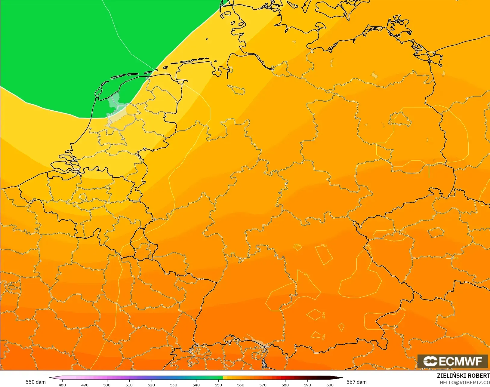 ECMWF IFS 0.25° modelo - Alemania, Altura geopotencial a 500 hPa