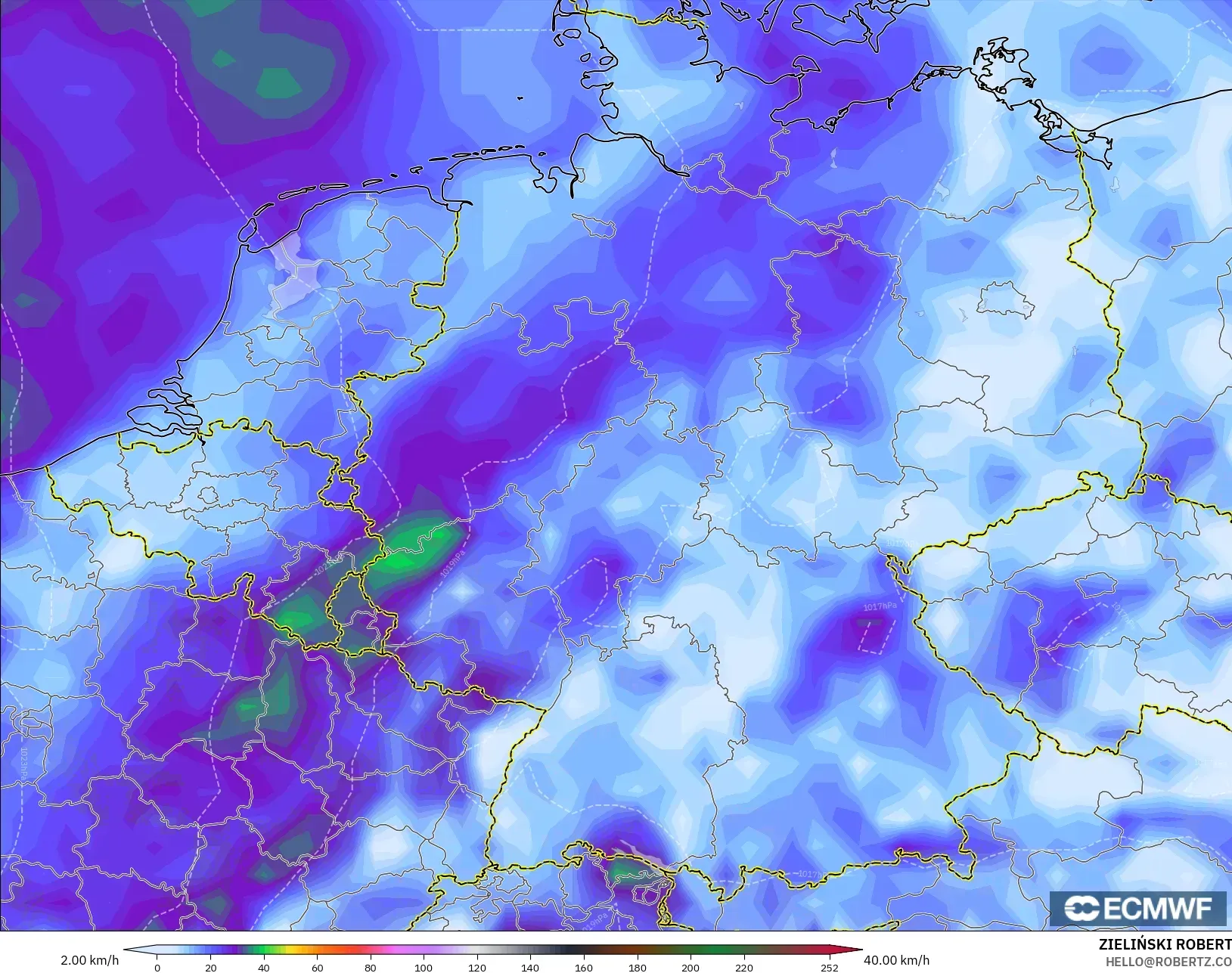 ECMWF IFS 0.25° modelo - Alemania, Ráfagas de Viento Máximas