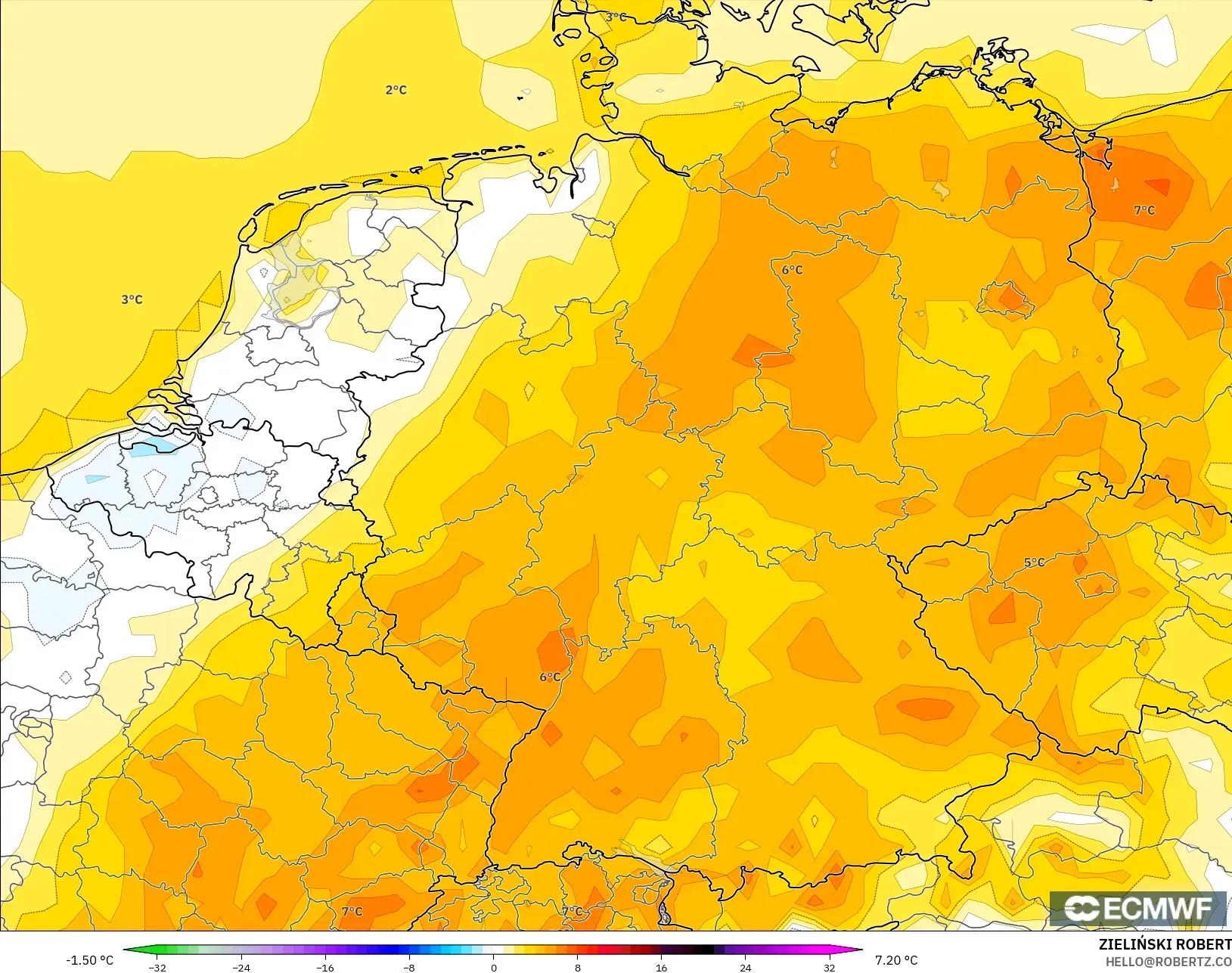 ECMWF IFS 0.25° modelo - Alemania, Anomalía de temperatura a 2 m