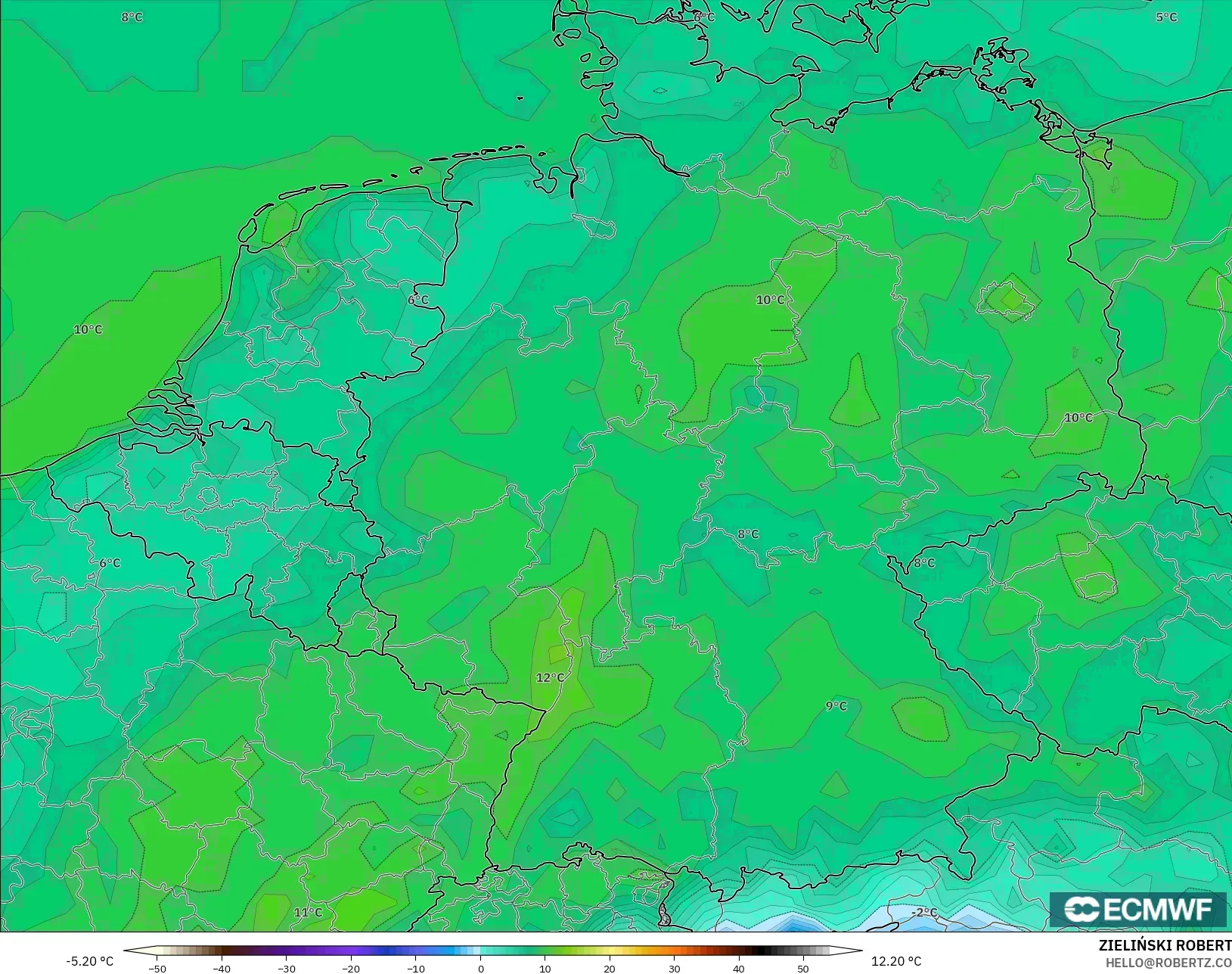 ECMWF IFS 0.25° modelo - Alemania, Temperatura a 2 m