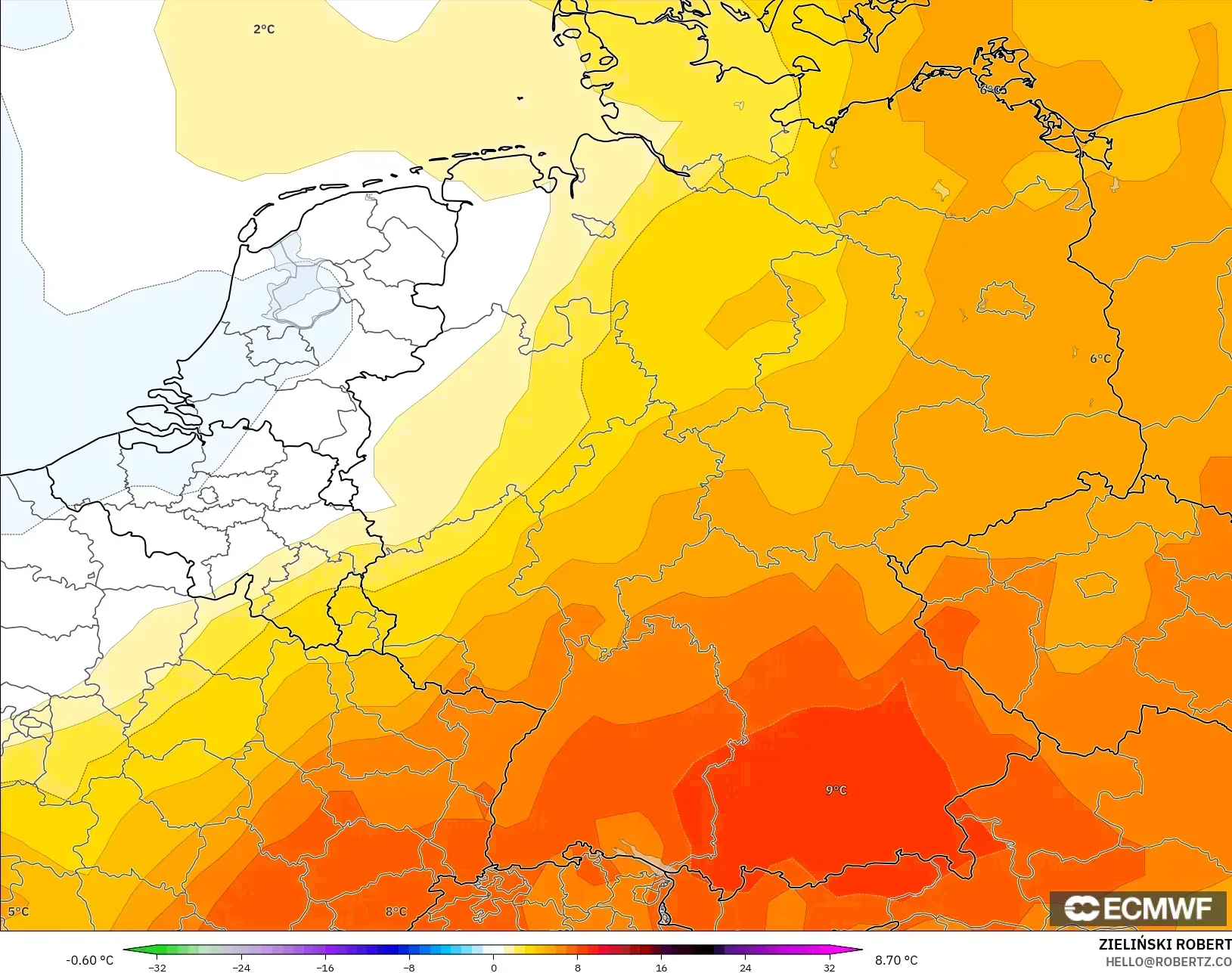 ECMWF IFS 0.25° modelo - Alemania, Anomalía de temperatura a 850 hPa