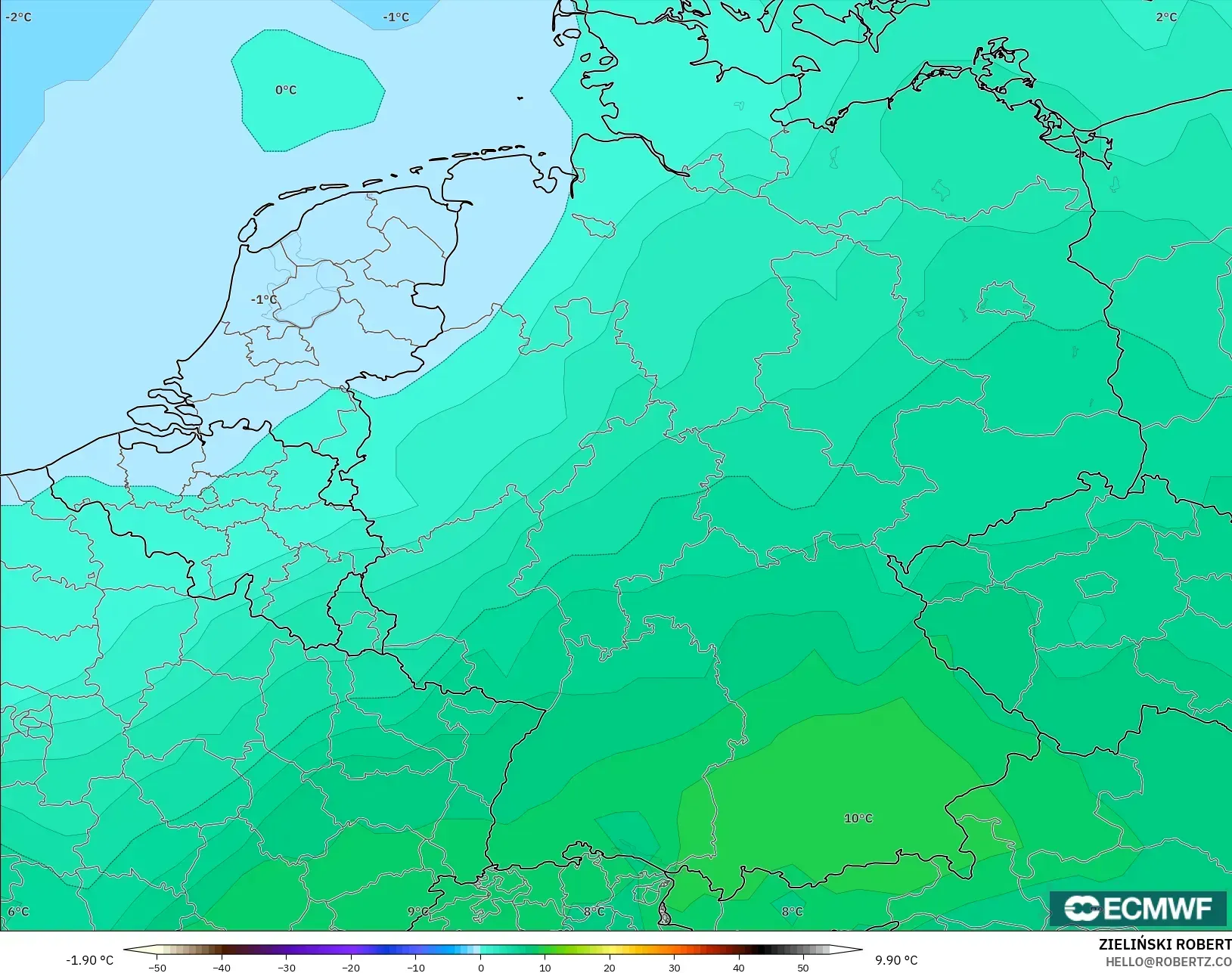 ECMWF IFS 0.25° modelo - Alemania, Temperatura a 850 hPa