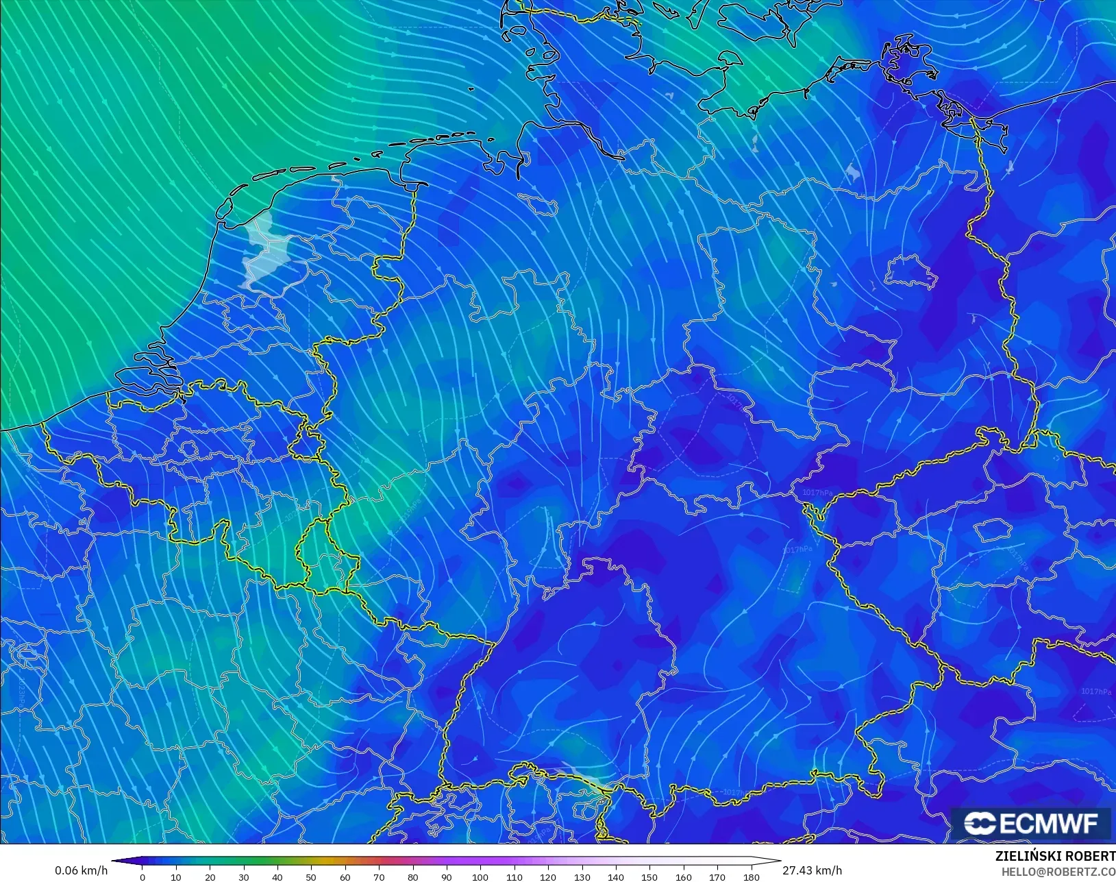 ECMWF IFS 0.25° modelo - Alemania, Viento a 10 m