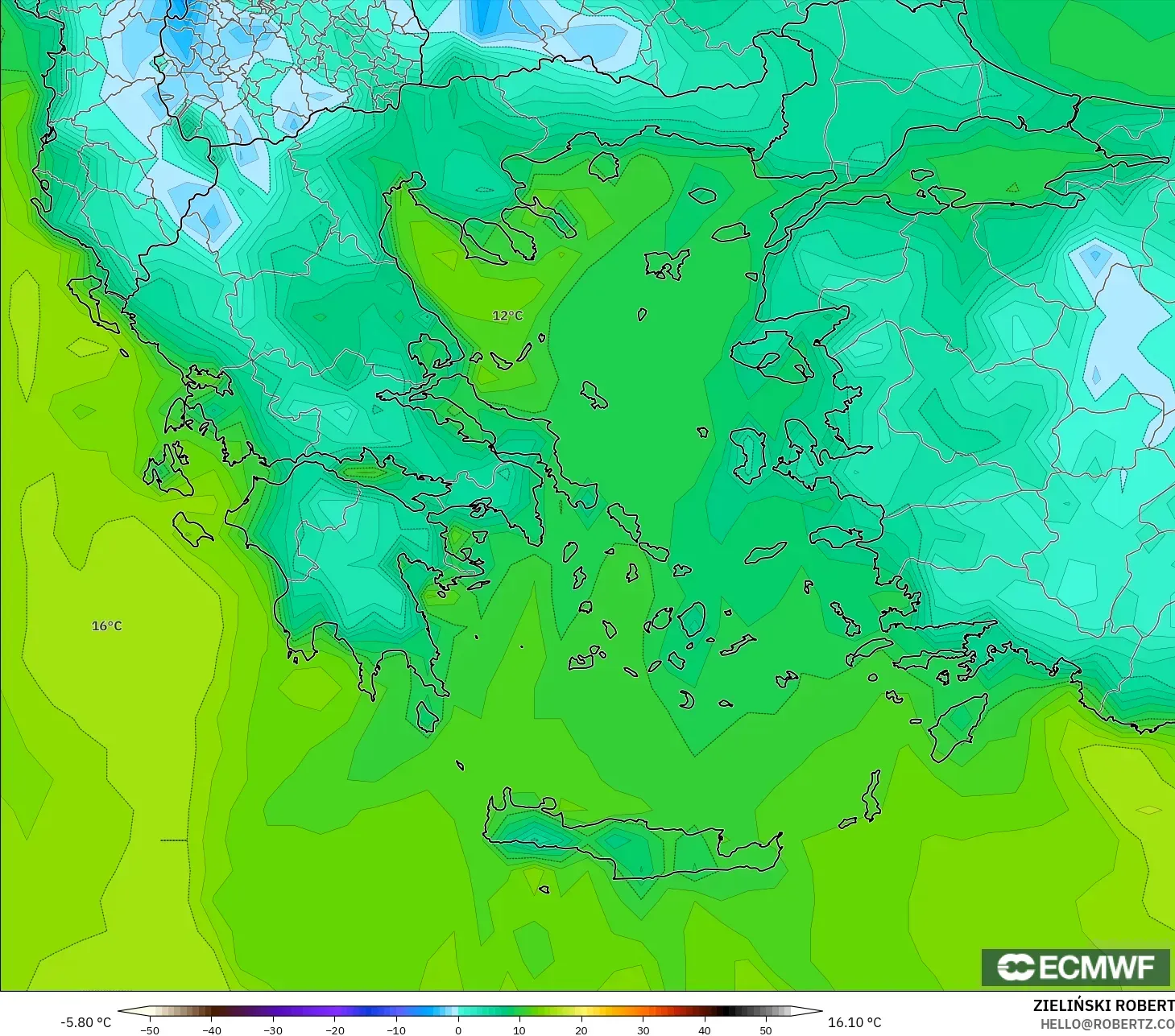 ECMWF IFS 0.25° modelo - Grecia, Punto de rocío a 2 m