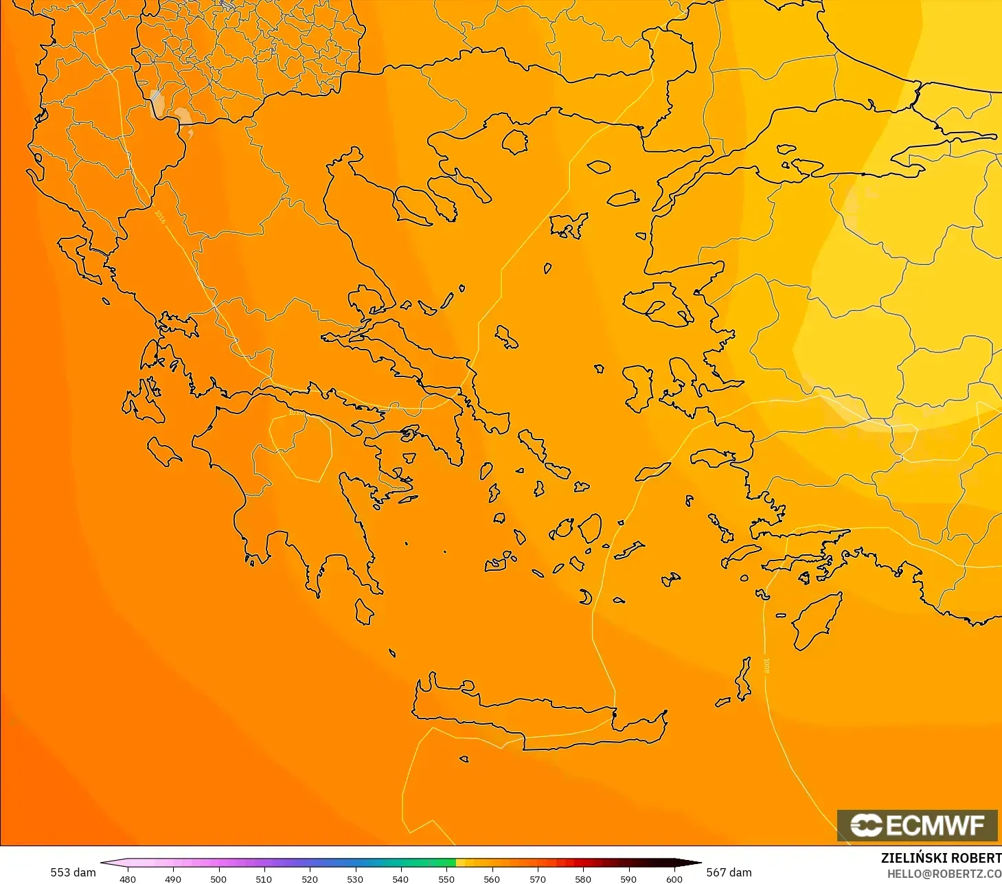 ECMWF IFS 0.25° modelo - Grecia, Altura geopotencial a 500 hPa