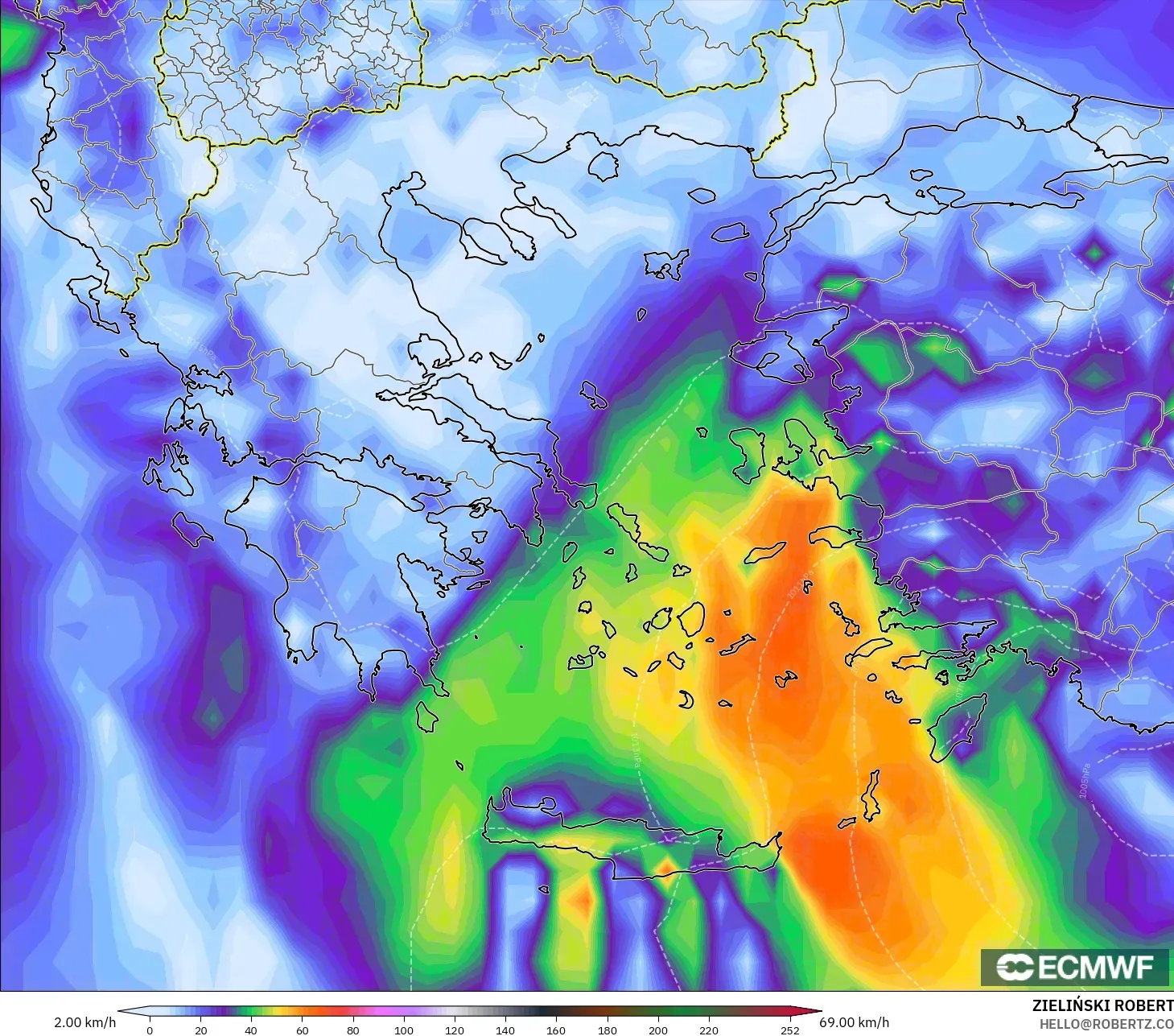 ECMWF IFS 0.25° modelo - Grecia, Ráfagas de Viento Máximas