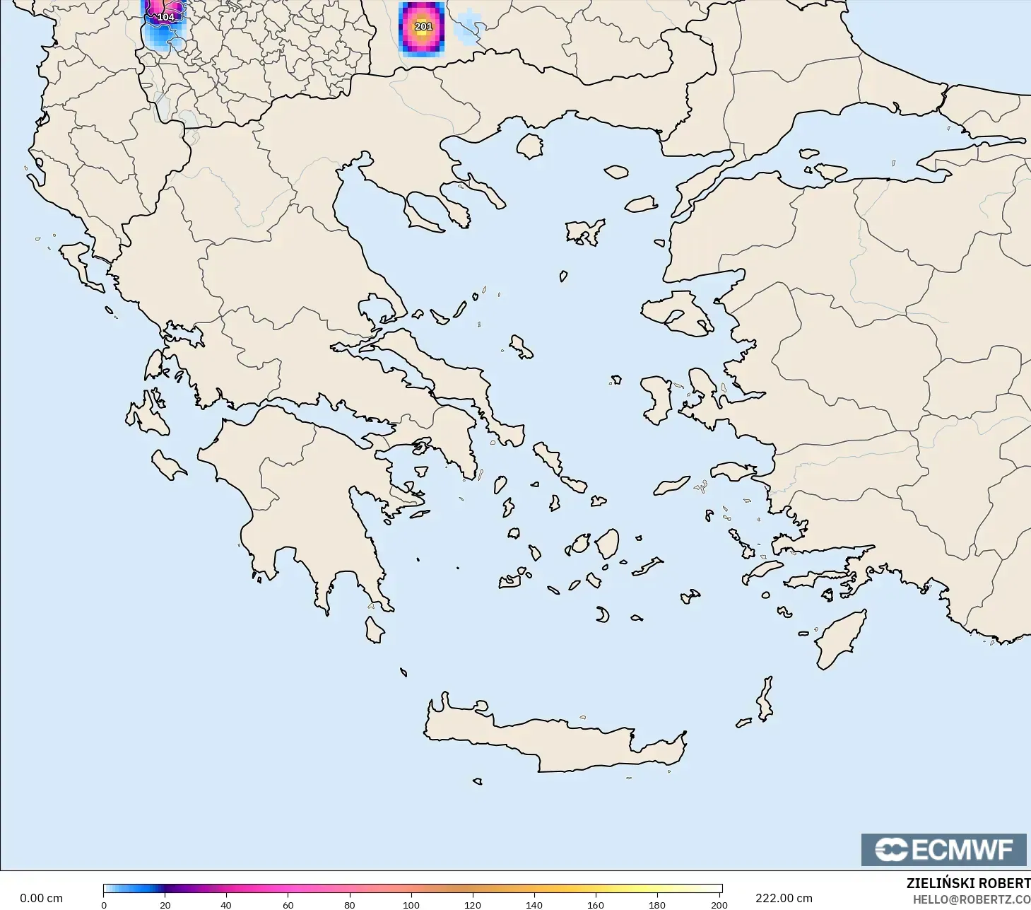 ECMWF IFS 0.25° modelo - Grecia, Profundidad de nieve