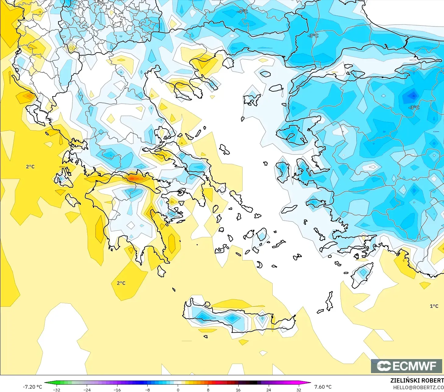 ECMWF IFS 0.25° modelo - Grecia, Anomalía de temperatura a 2 m