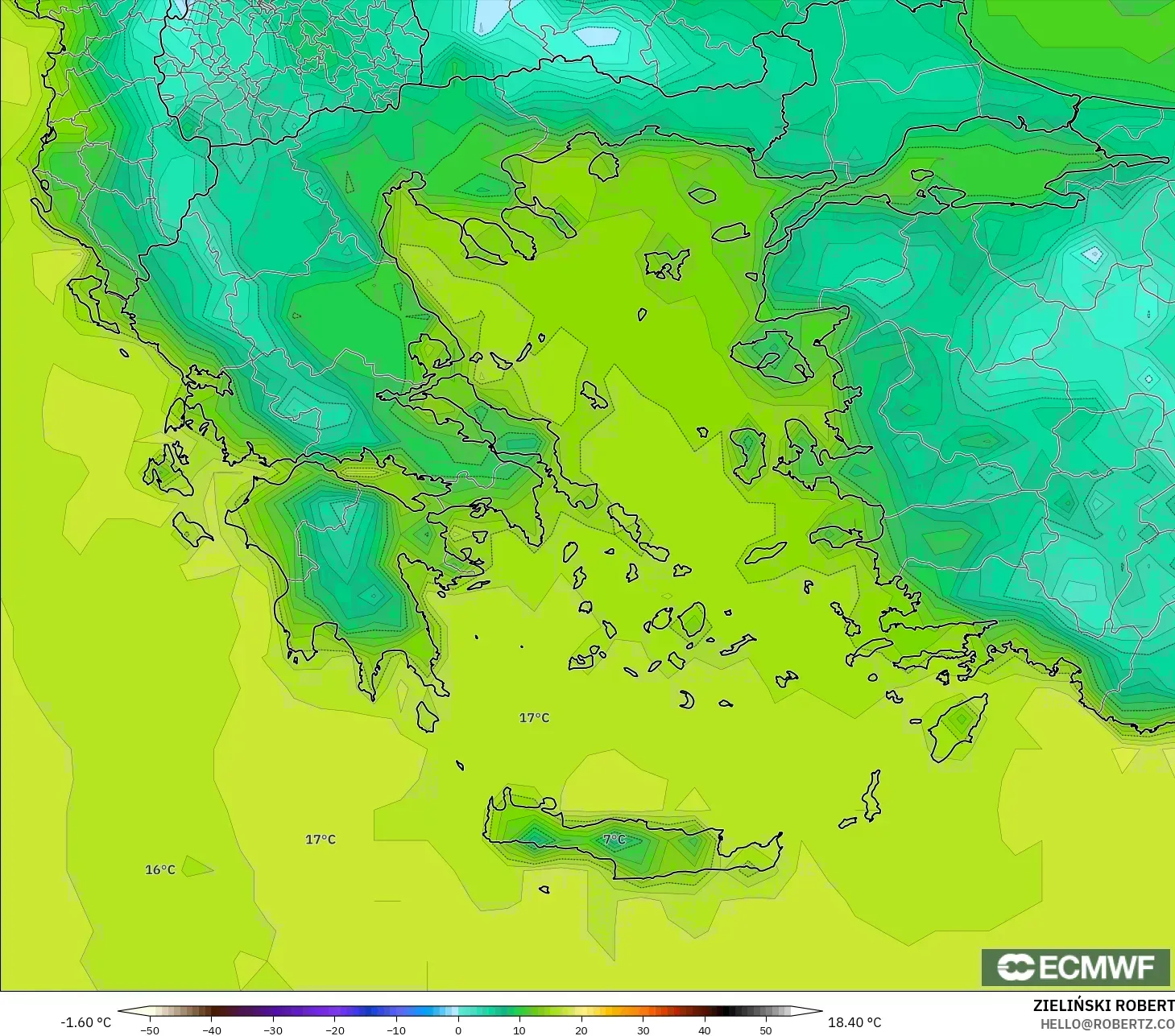 ECMWF IFS 0.25° modelo - Grecia, Temperatura a 2 m