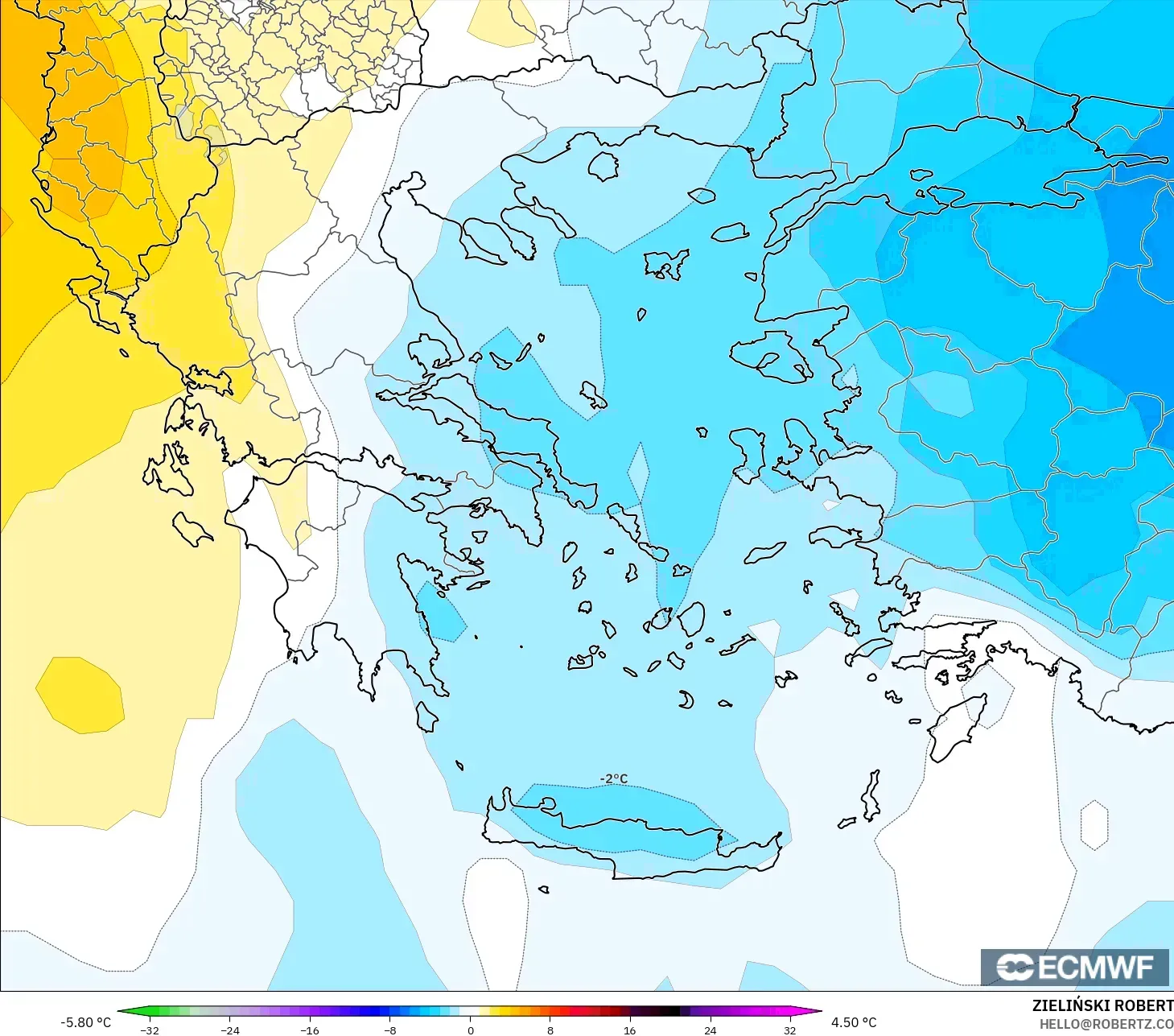 ECMWF IFS 0.25° modelo - Grecia, Anomalía de temperatura a 850 hPa