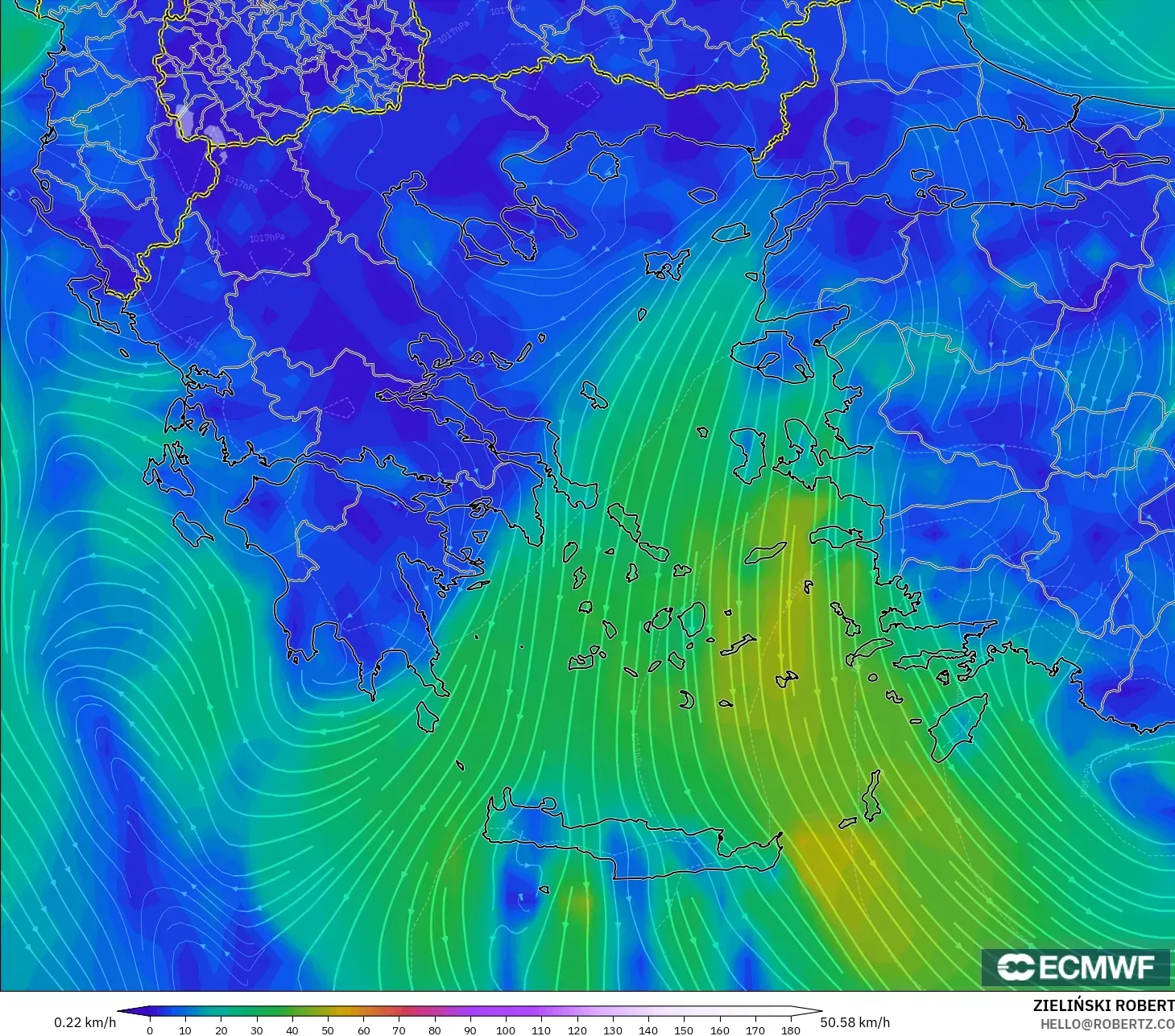 ECMWF IFS 0.25° modelo - Grecia, Viento a 10 m