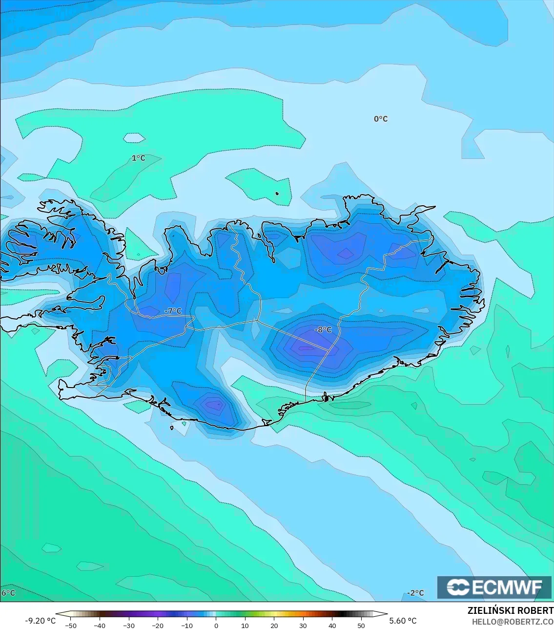 ECMWF IFS 0.25° modelo - Islandia, Punto de rocío a 2 m