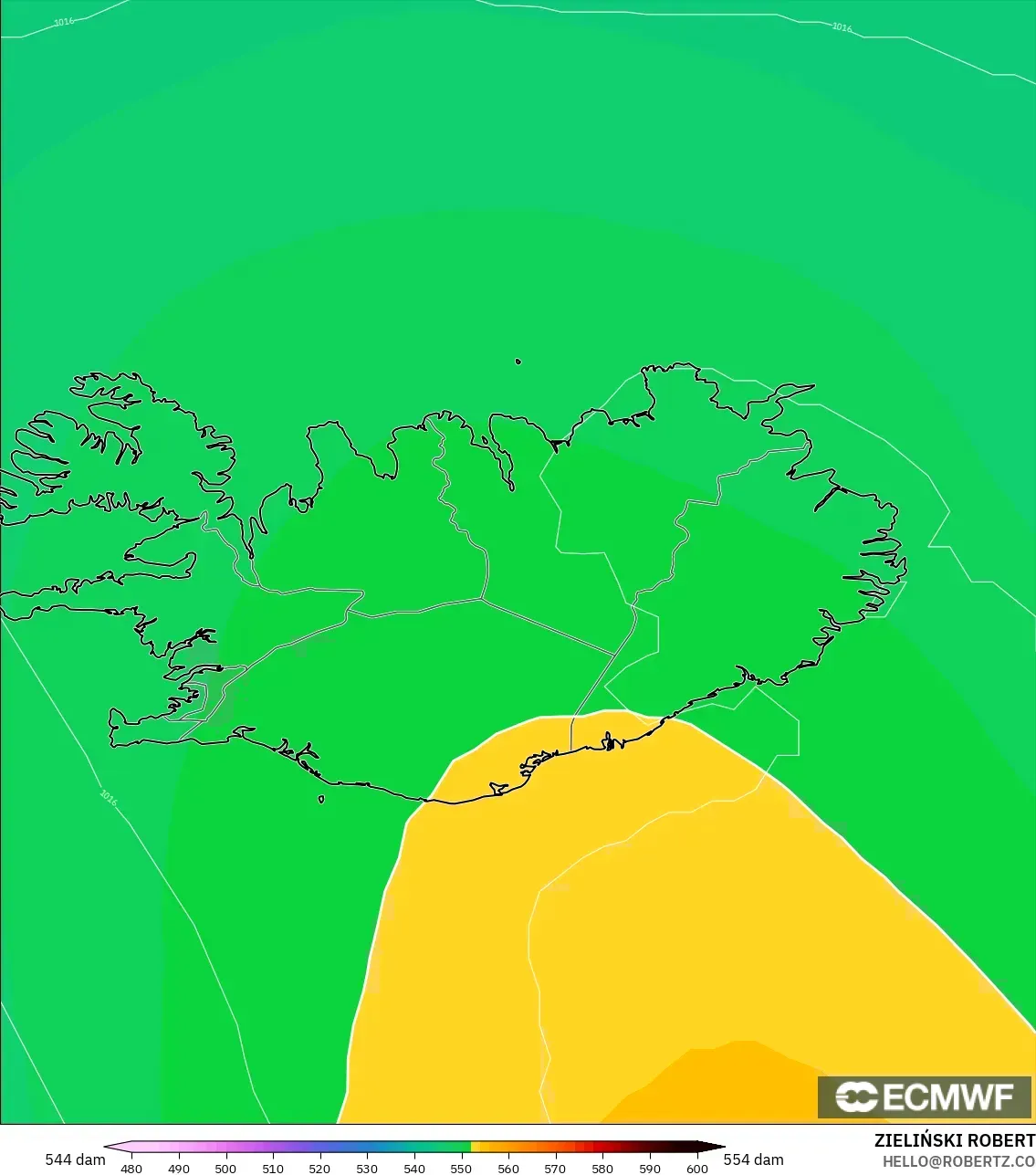ECMWF IFS 0.25° modelo - Islandia, Altura geopotencial a 500 hPa
