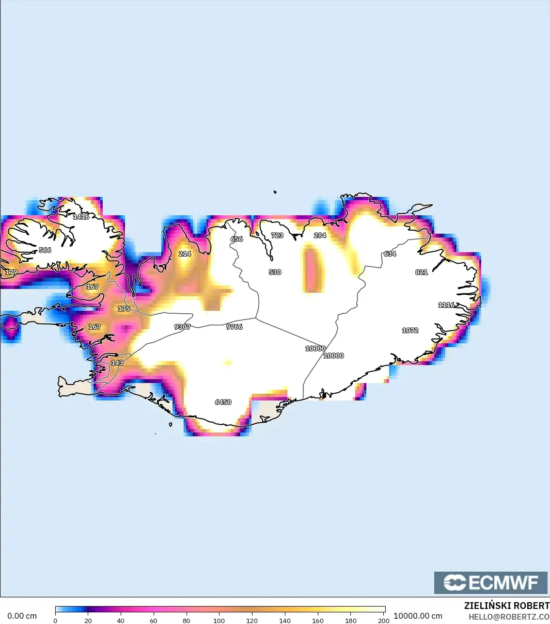 ECMWF IFS 0.25° modelo - Islandia, Profundidad de nieve