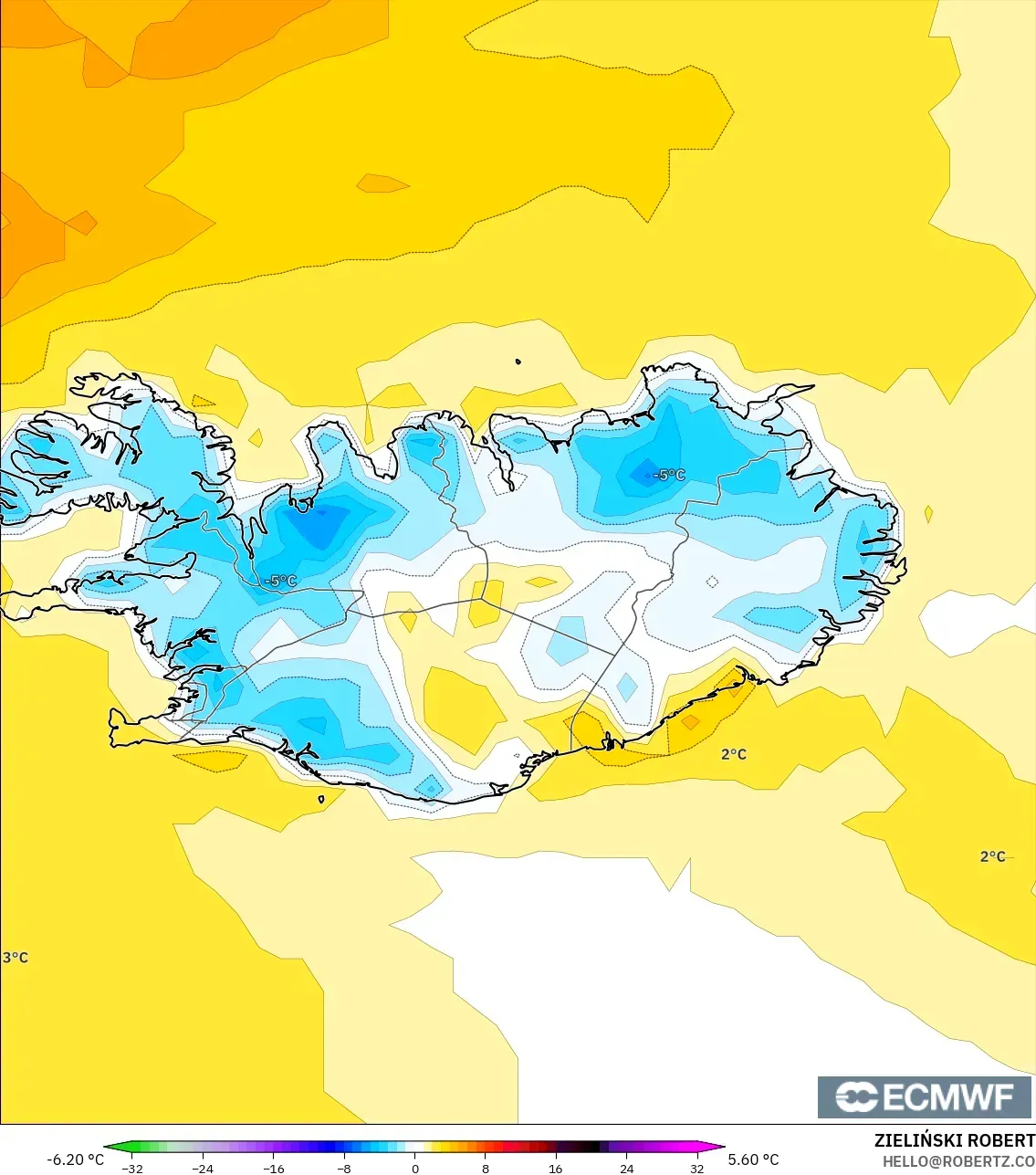 ECMWF IFS 0.25° modelo - Islandia, Anomalía de temperatura a 2 m