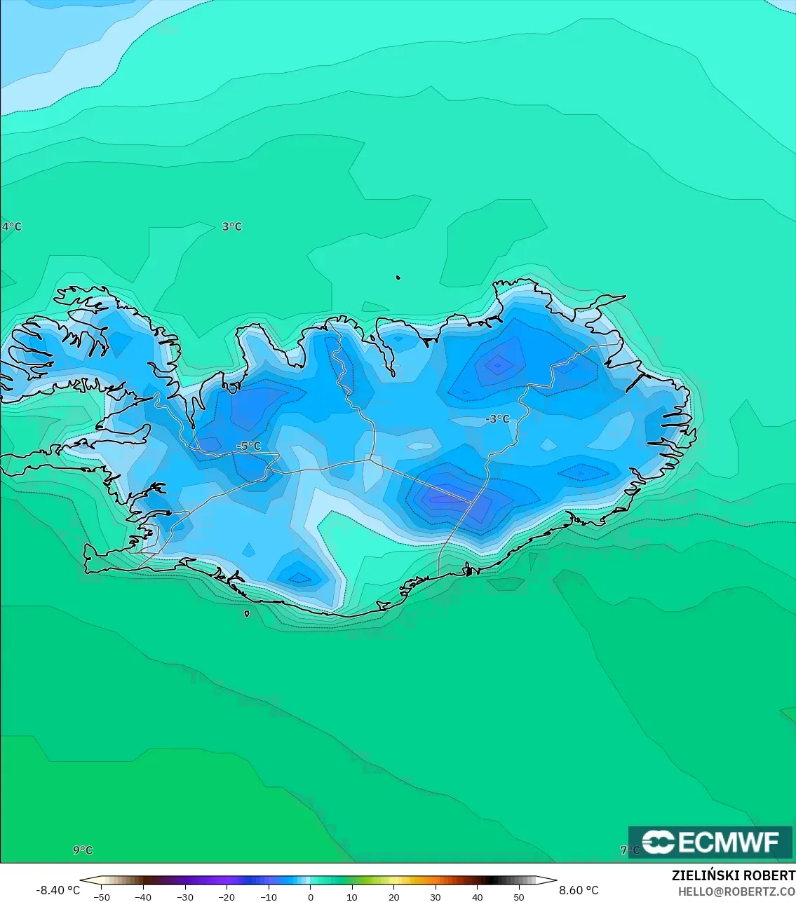 ECMWF IFS 0.25° modelo - Islandia, Temperatura a 2 m