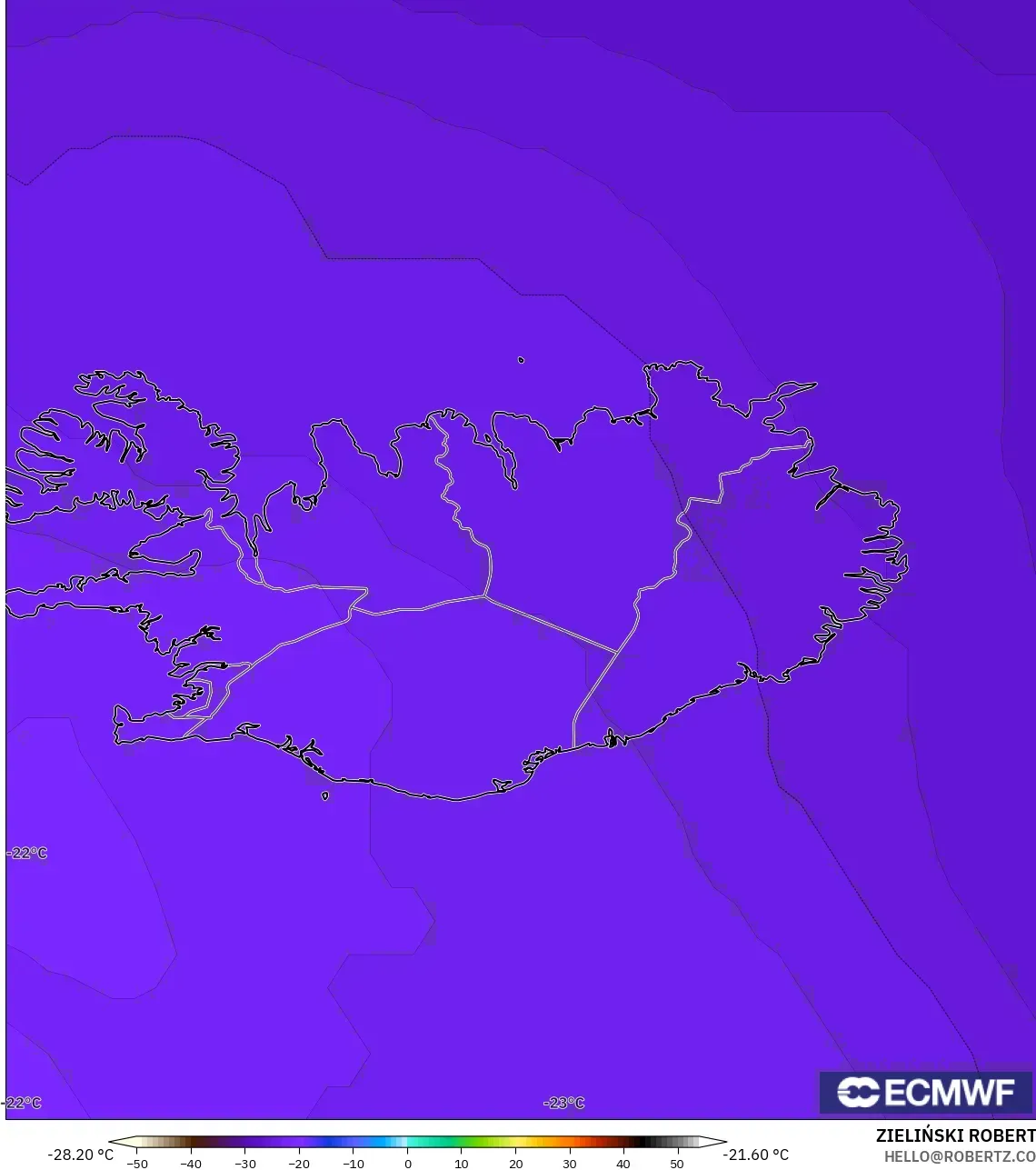 ECMWF IFS 0.25° modelo - Islandia, Temperatura a 500 hPa