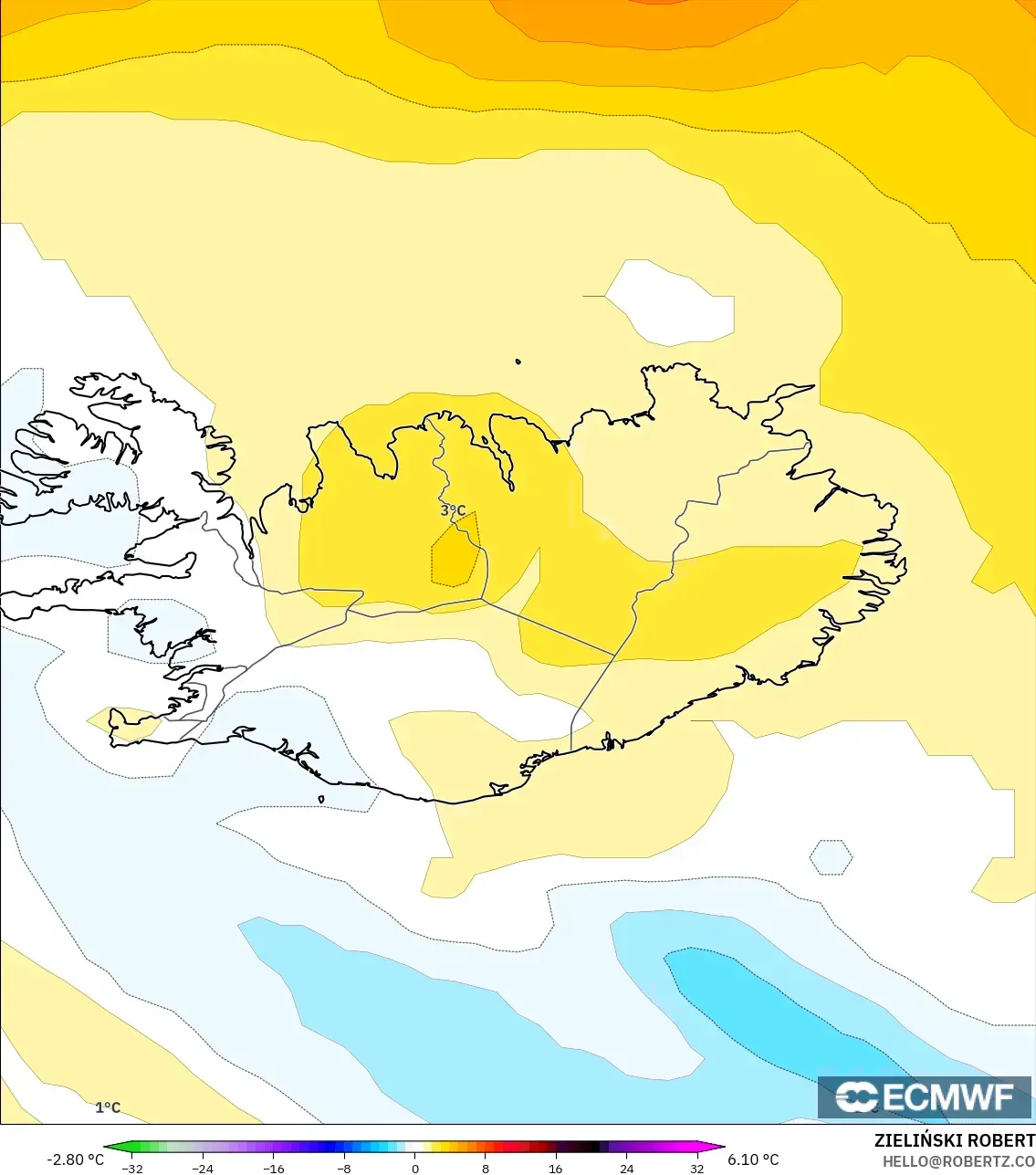 ECMWF IFS 0.25° modelo - Islandia, Anomalía de temperatura a 850 hPa