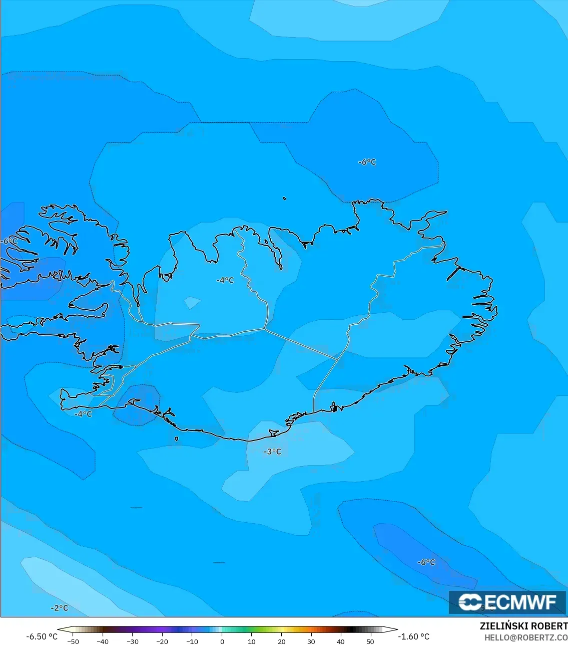ECMWF IFS 0.25° modelo - Islandia, Temperatura a 850 hPa