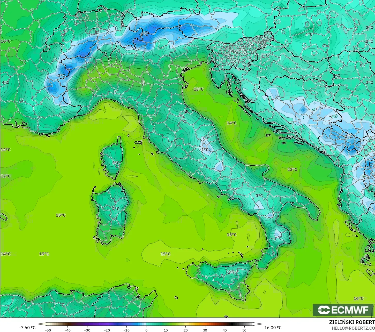 ECMWF IFS 0.25° modelo - Italia, Punto de rocío a 2 m