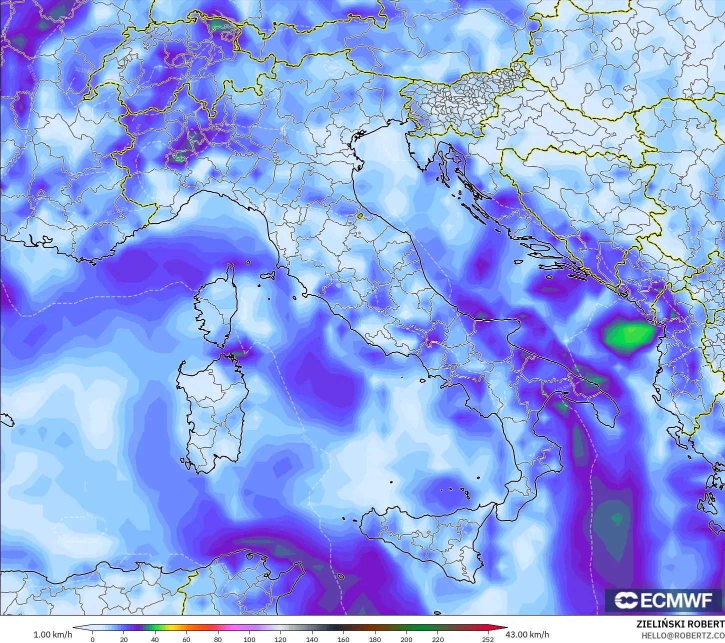 ECMWF IFS 0.25° modelo - Italia, Ráfagas de Viento Máximas