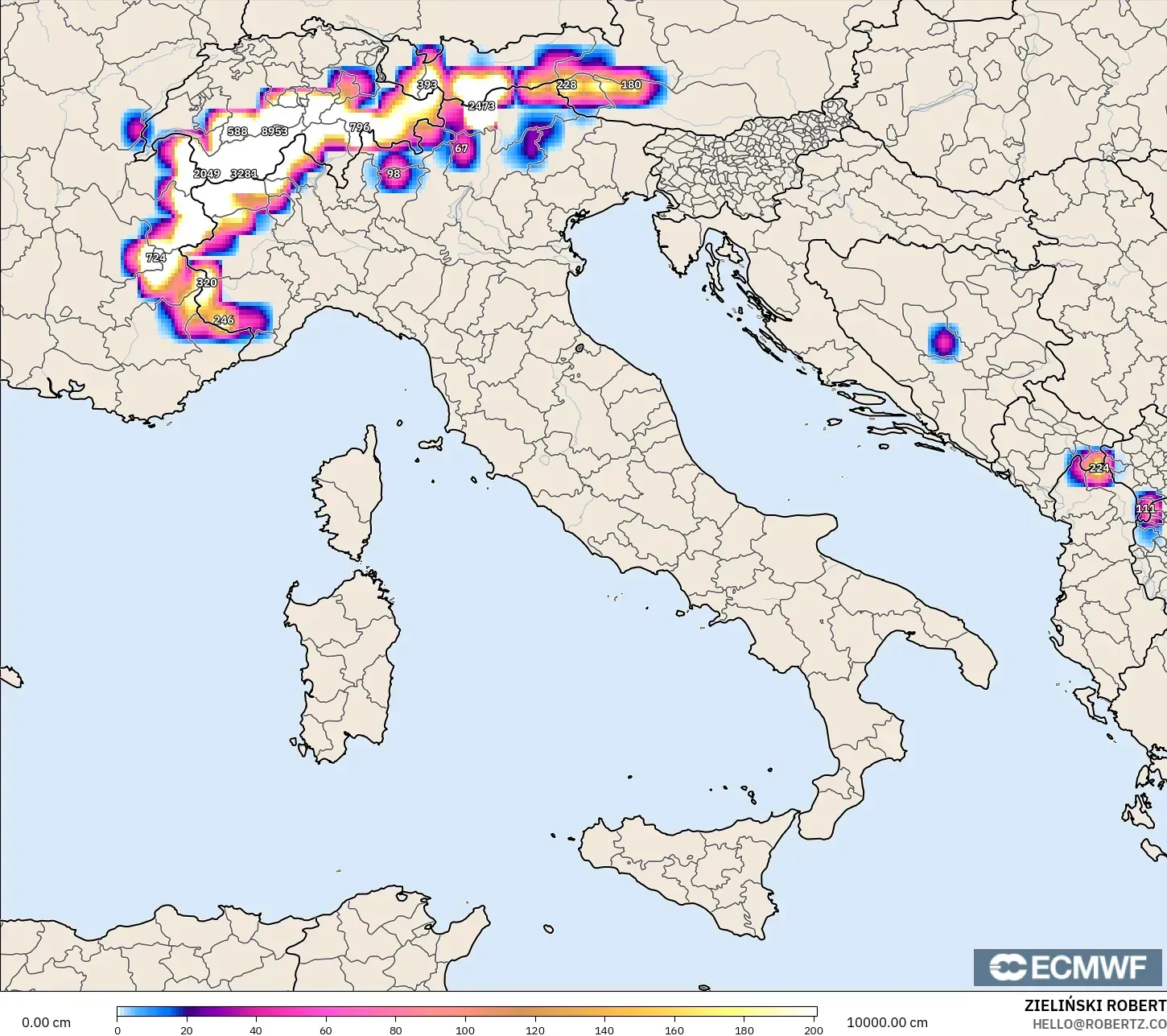 ECMWF IFS 0.25° modelo - Italia, Profundidad de nieve