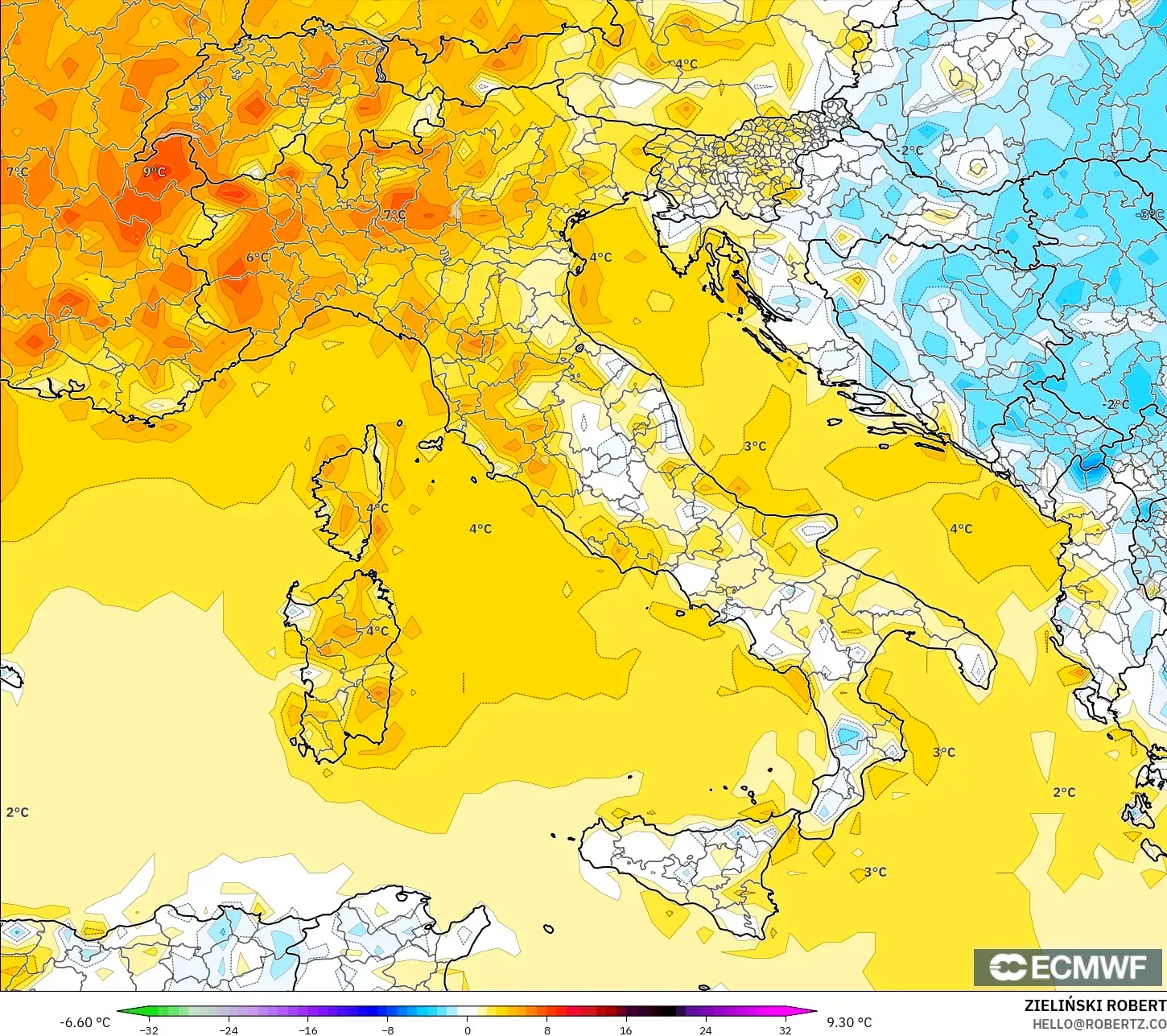 ECMWF IFS 0.25° modelo - Italia, Anomalía de temperatura a 2 m