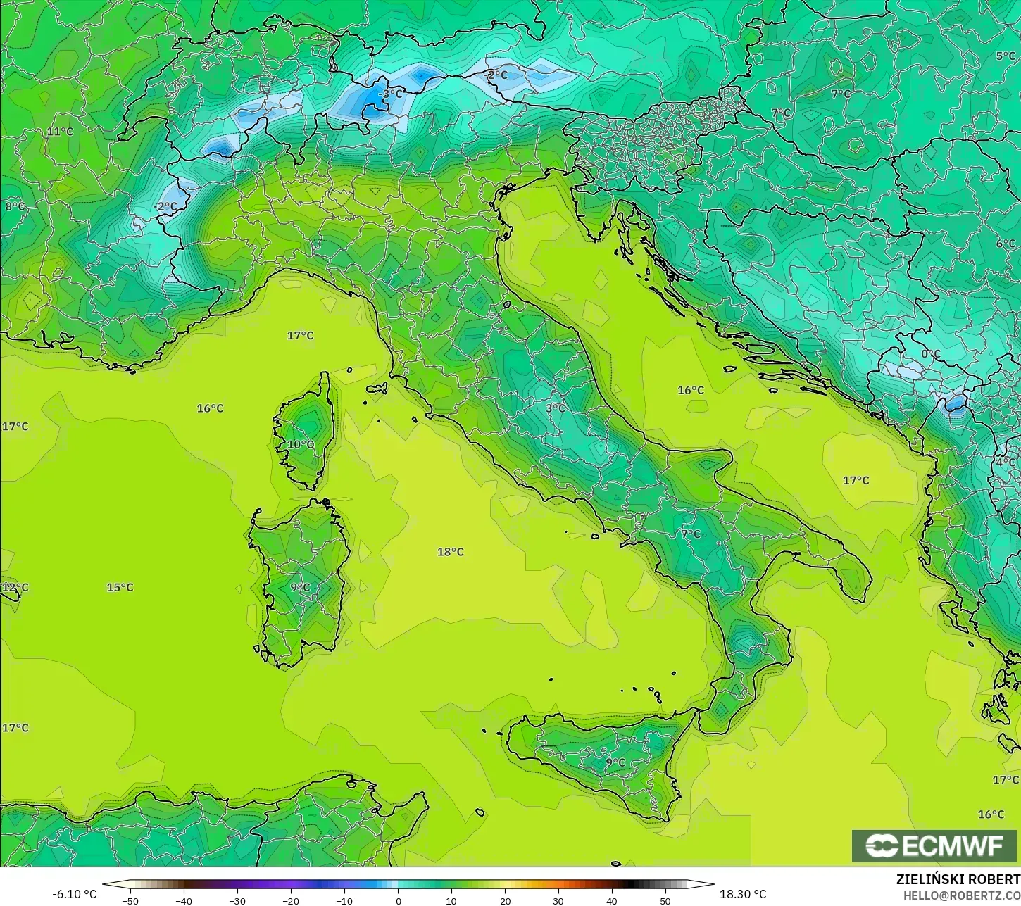 ECMWF IFS 0.25° modelo - Italia, Temperatura a 2 m