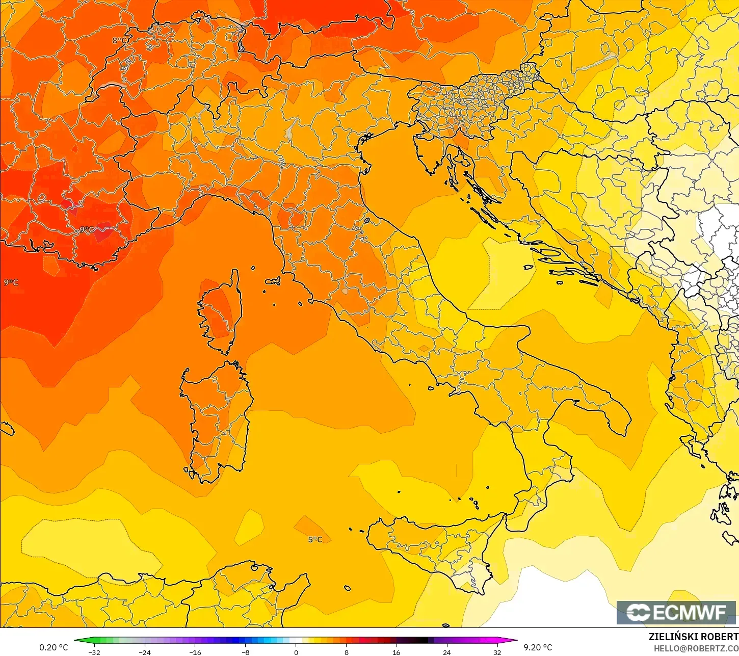 ECMWF IFS 0.25° modelo - Italia, Anomalía de temperatura a 850 hPa
