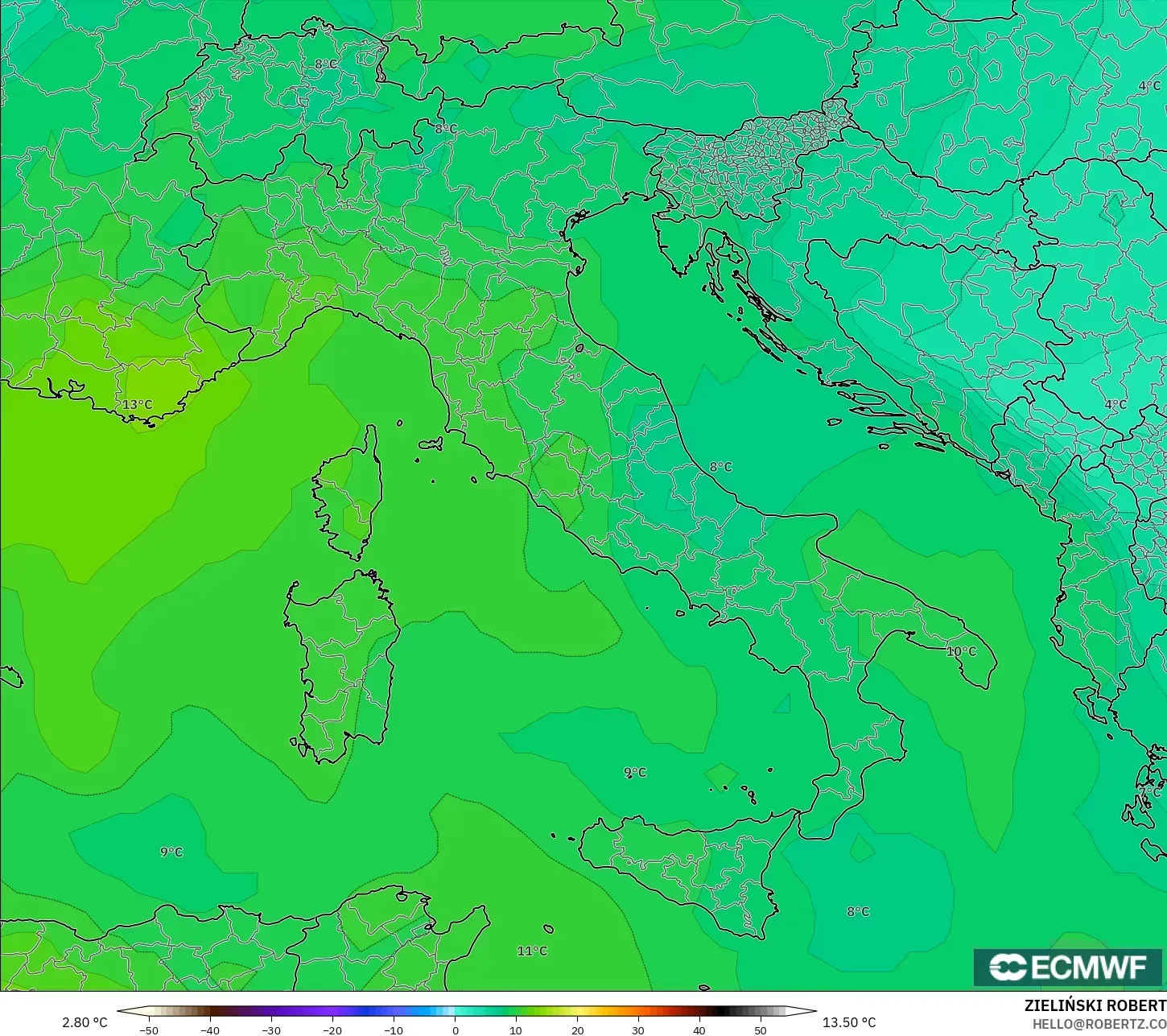 ECMWF IFS 0.25° modelo - Italia, Temperatura a 850 hPa