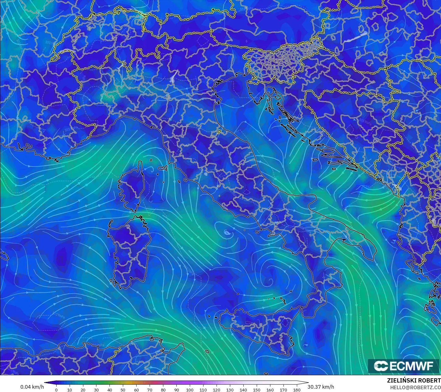 ECMWF IFS 0.25° modelo - Italia, Viento a 10 m
