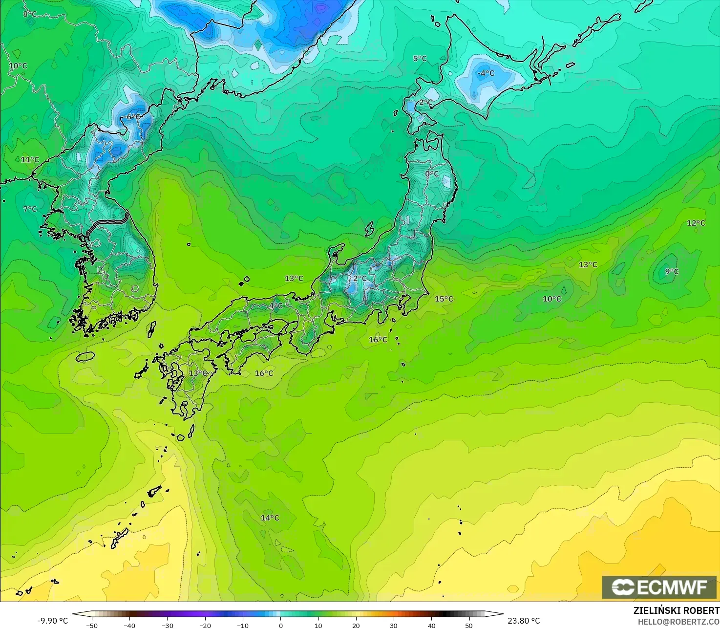 ECMWF IFS 0.25° modelo - Japón, Punto de rocío a 2 m