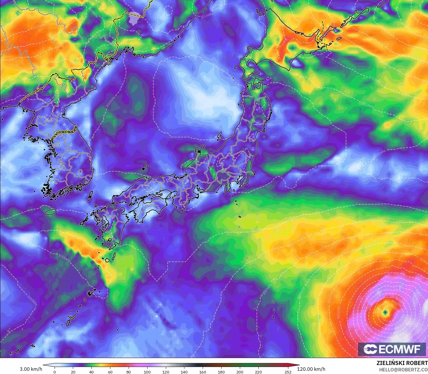 ECMWF IFS 0.25° modelo - Japón, Ráfagas de viento