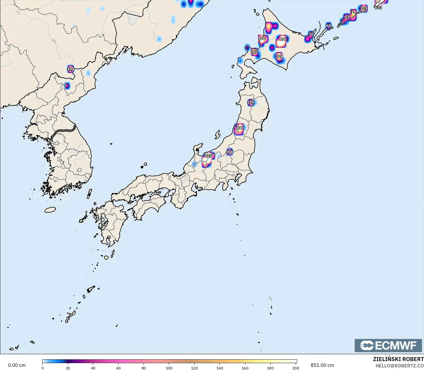 ECMWF IFS 0.25° modelo - Japón, Profundidad de nieve