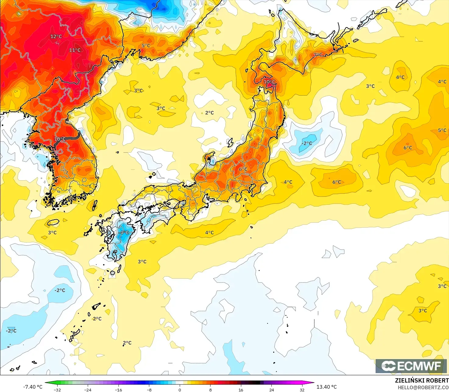 ECMWF IFS 0.25° modelo - Japón, Anomalía de temperatura a 2 m