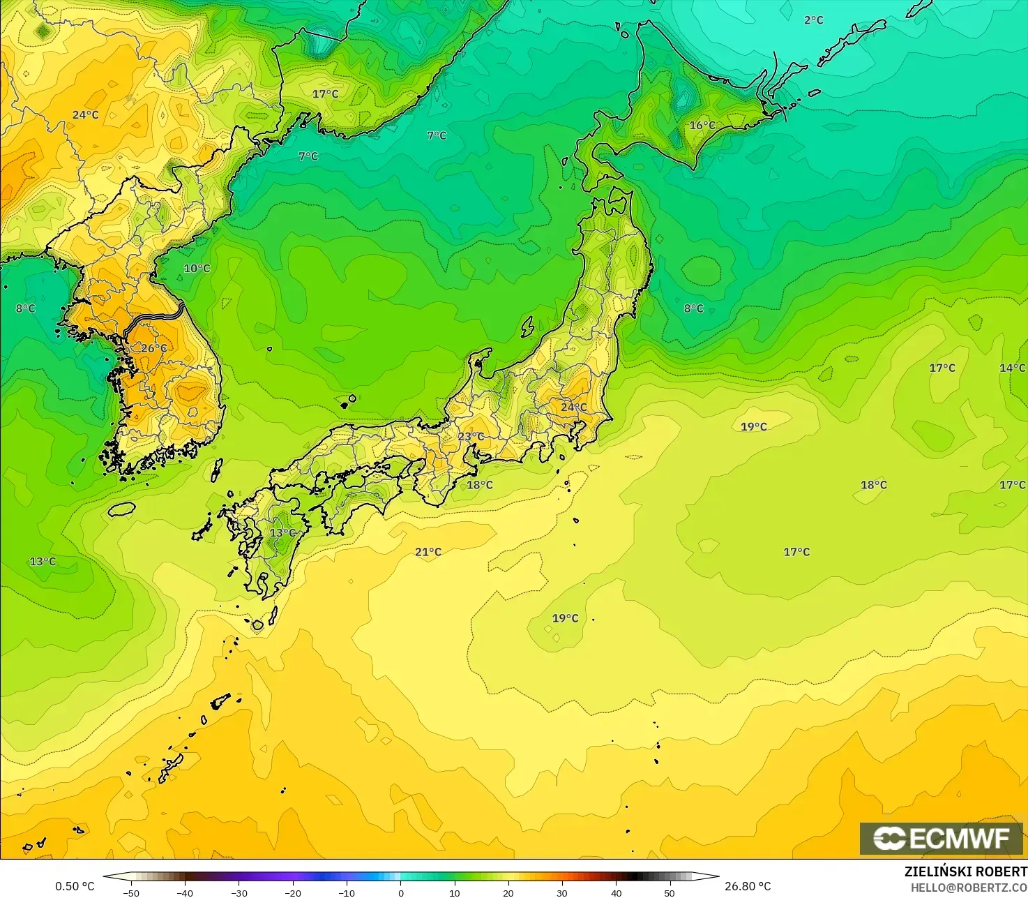 ECMWF IFS 0.25° modelo - Japón, Temperatura a 2 m