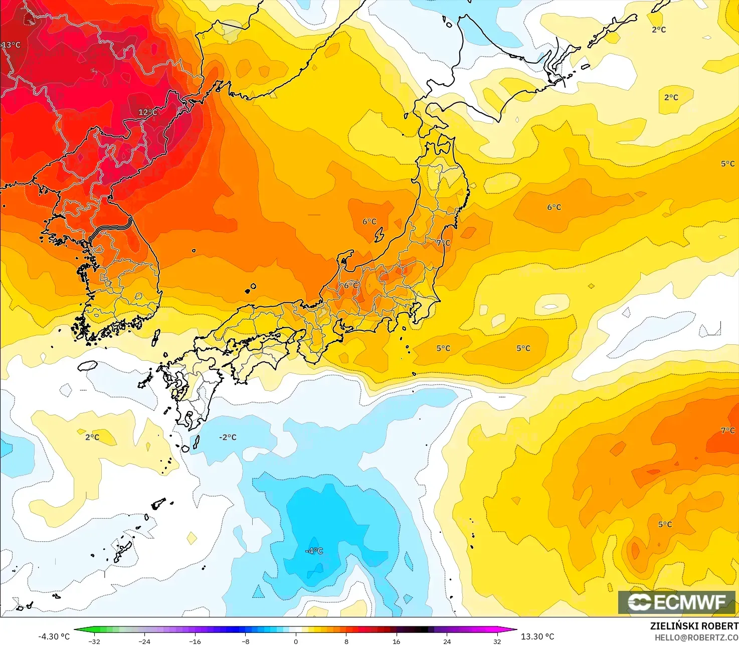 ECMWF IFS 0.25° modelo - Japón, Anomalía de temperatura a 850 hPa