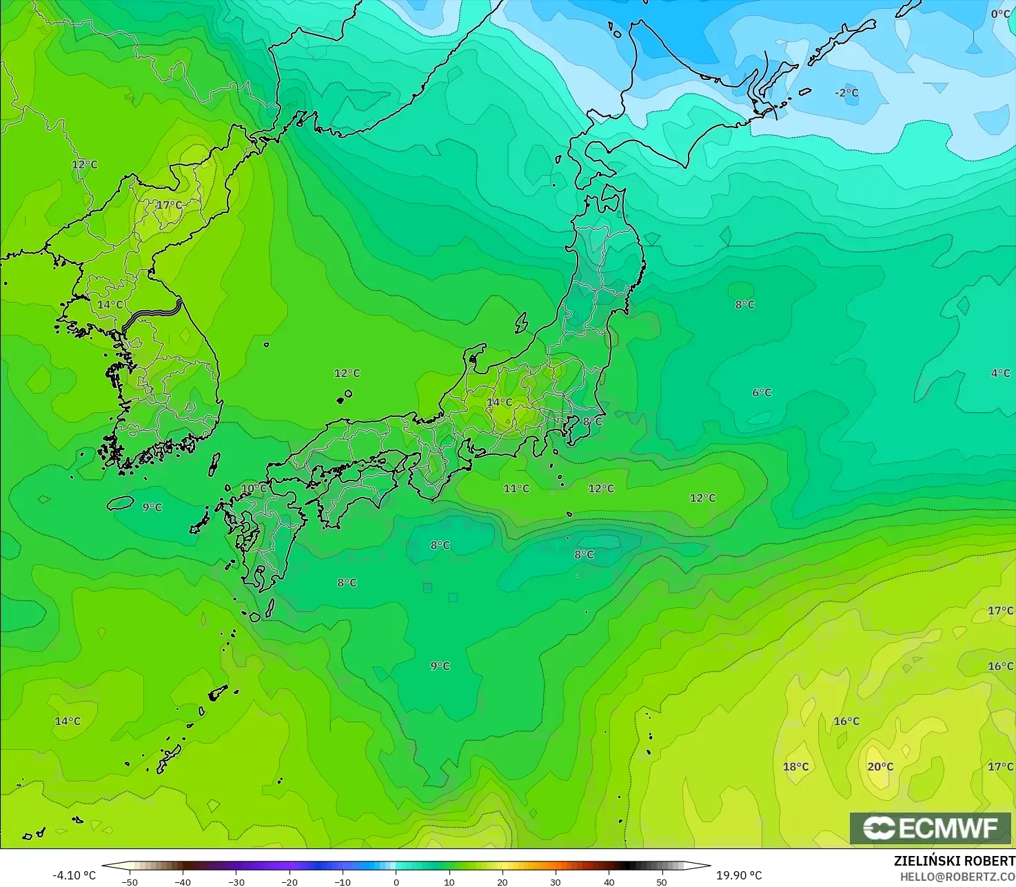 ECMWF IFS 0.25° modelo - Japón, Temperatura a 850 hPa