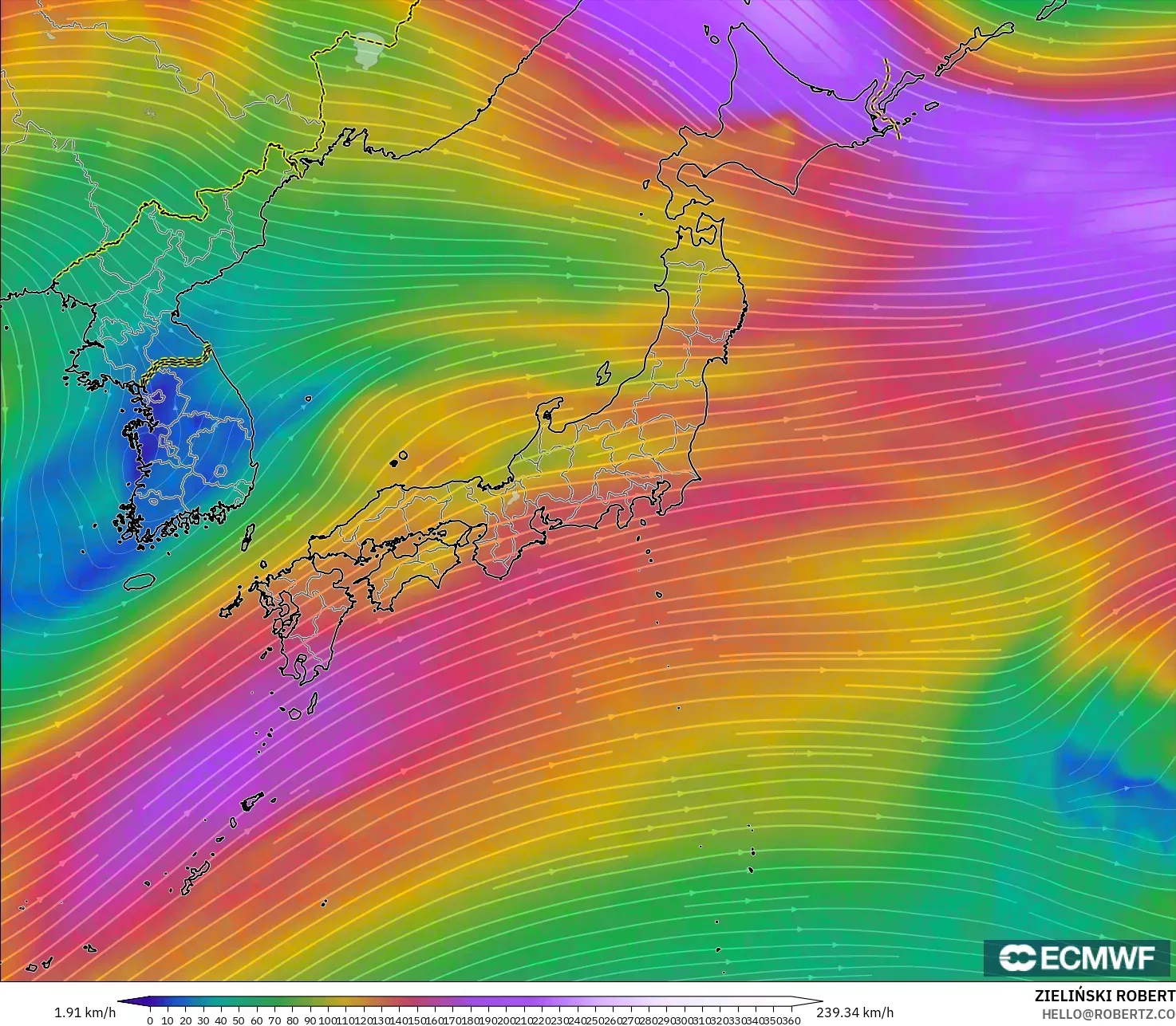 ECMWF IFS 0.25° modelo - Japón, Viento a 300 hPa (corriente en chorro)