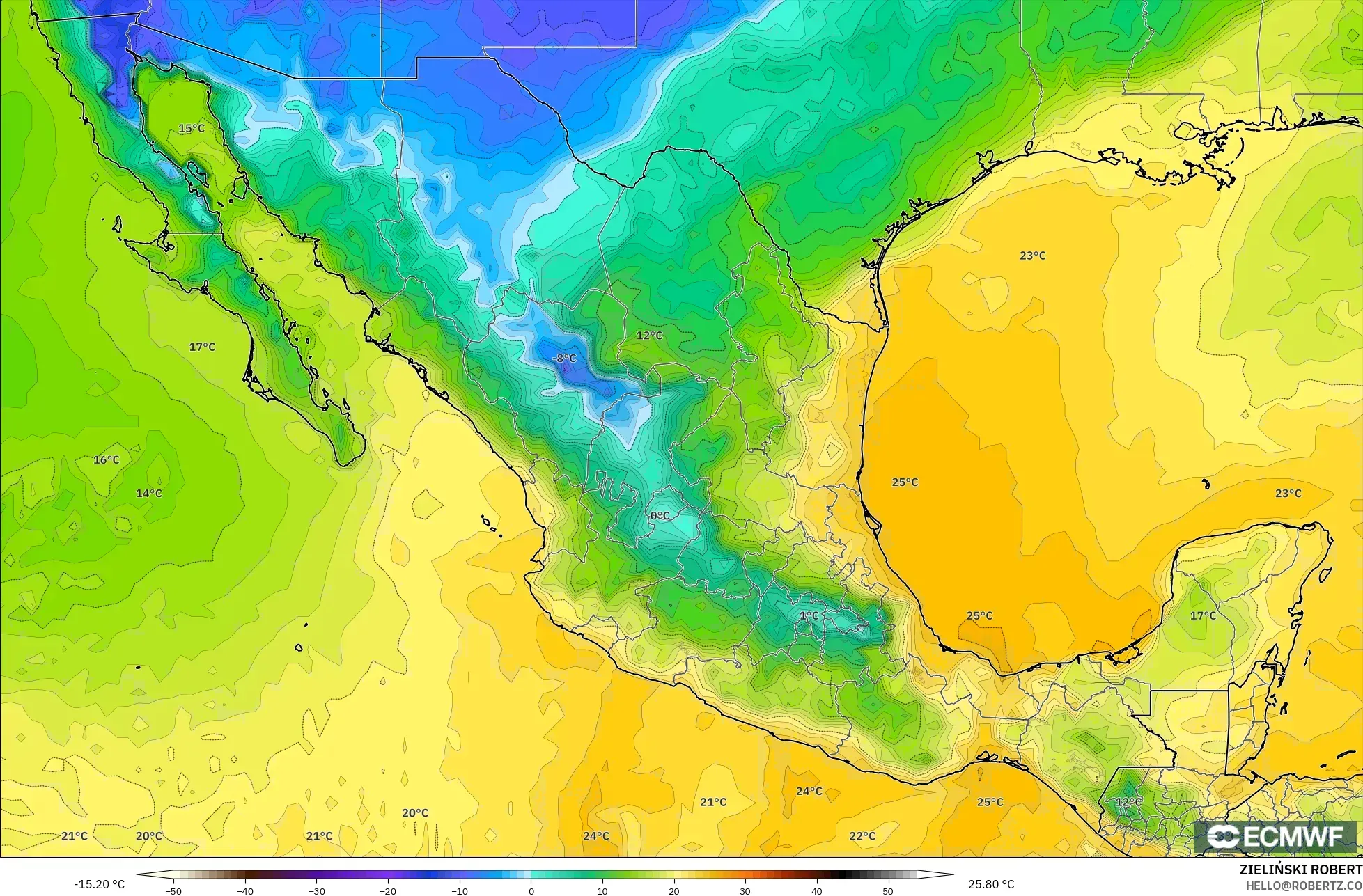 ECMWF IFS 0.25° modelo - México, Punto de rocío a 2 m