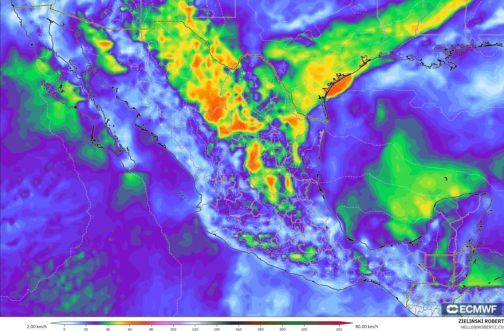 ECMWF IFS 0.25° modelo - México, Ráfagas de Viento Máximas