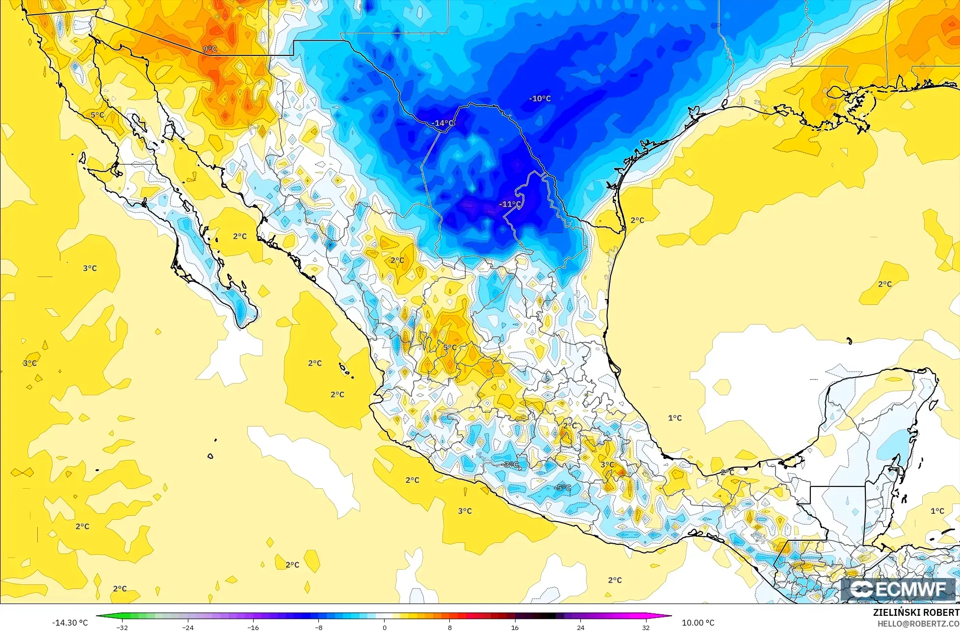 ECMWF IFS 0.25° modelo - México, Anomalía de temperatura a 2 m