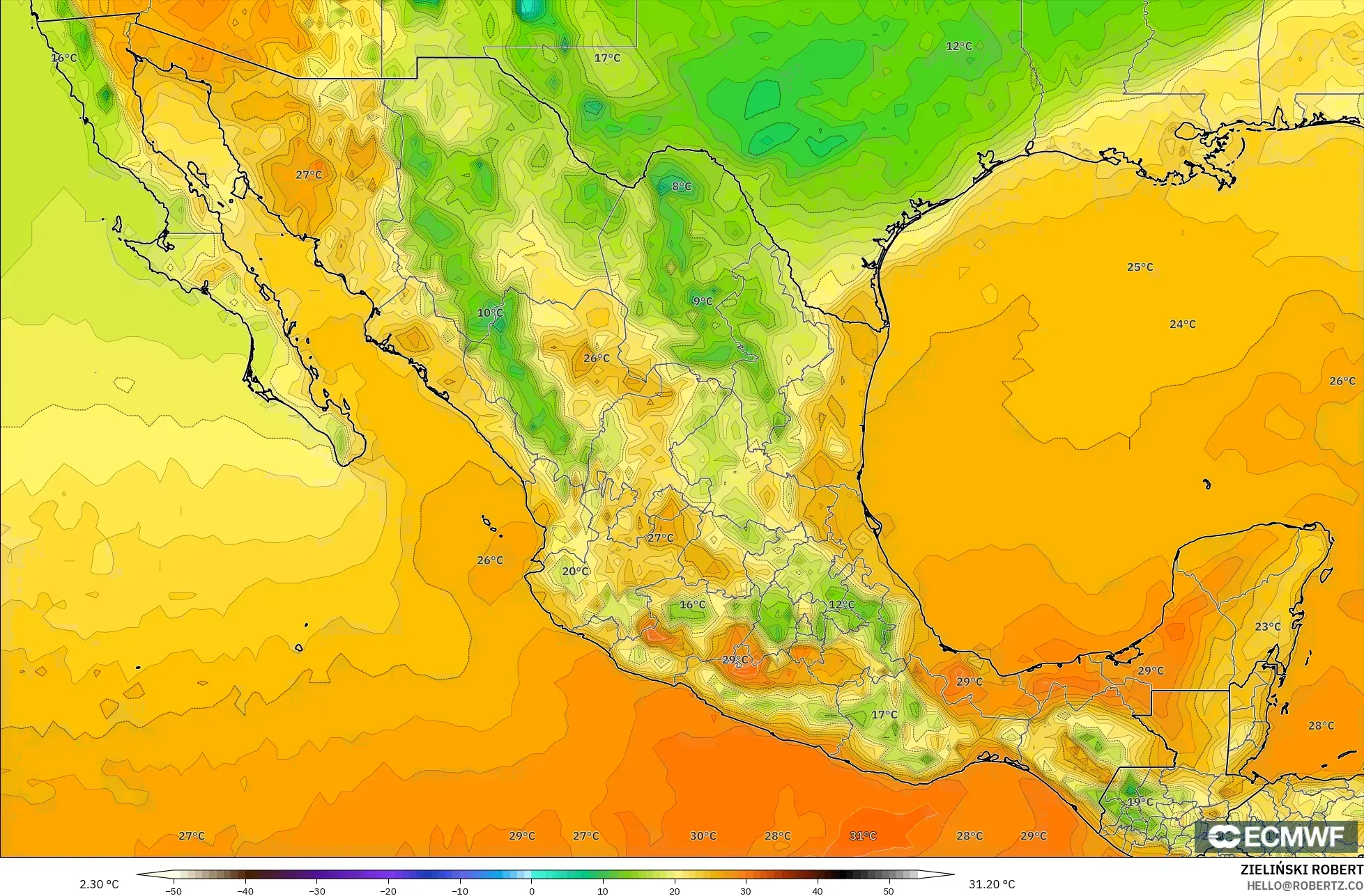 ECMWF IFS 0.25° modelo - México, Temperatura a 2 m