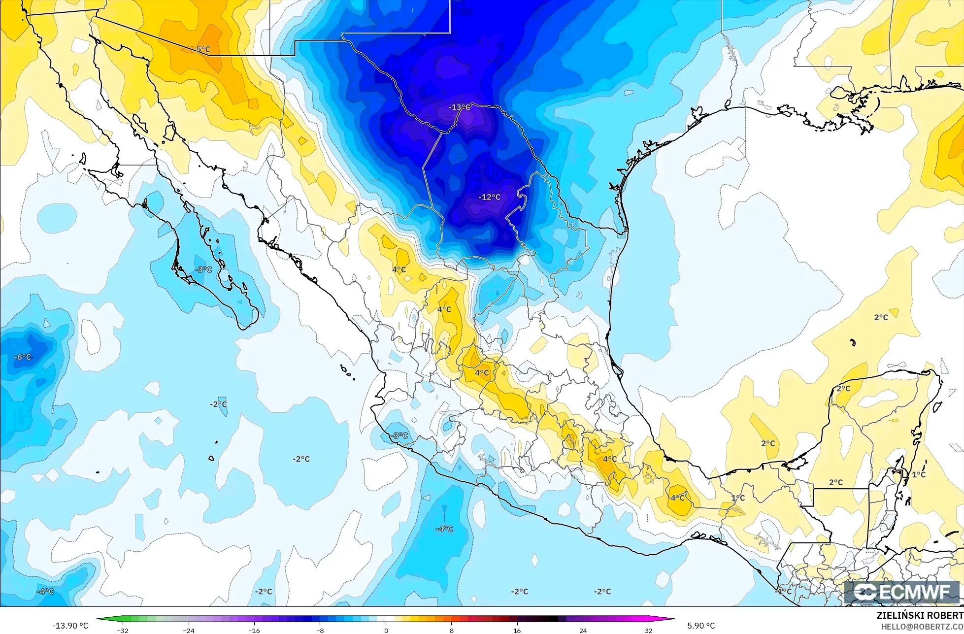 ECMWF IFS 0.25° modelo - México, Anomalía de temperatura a 850 hPa