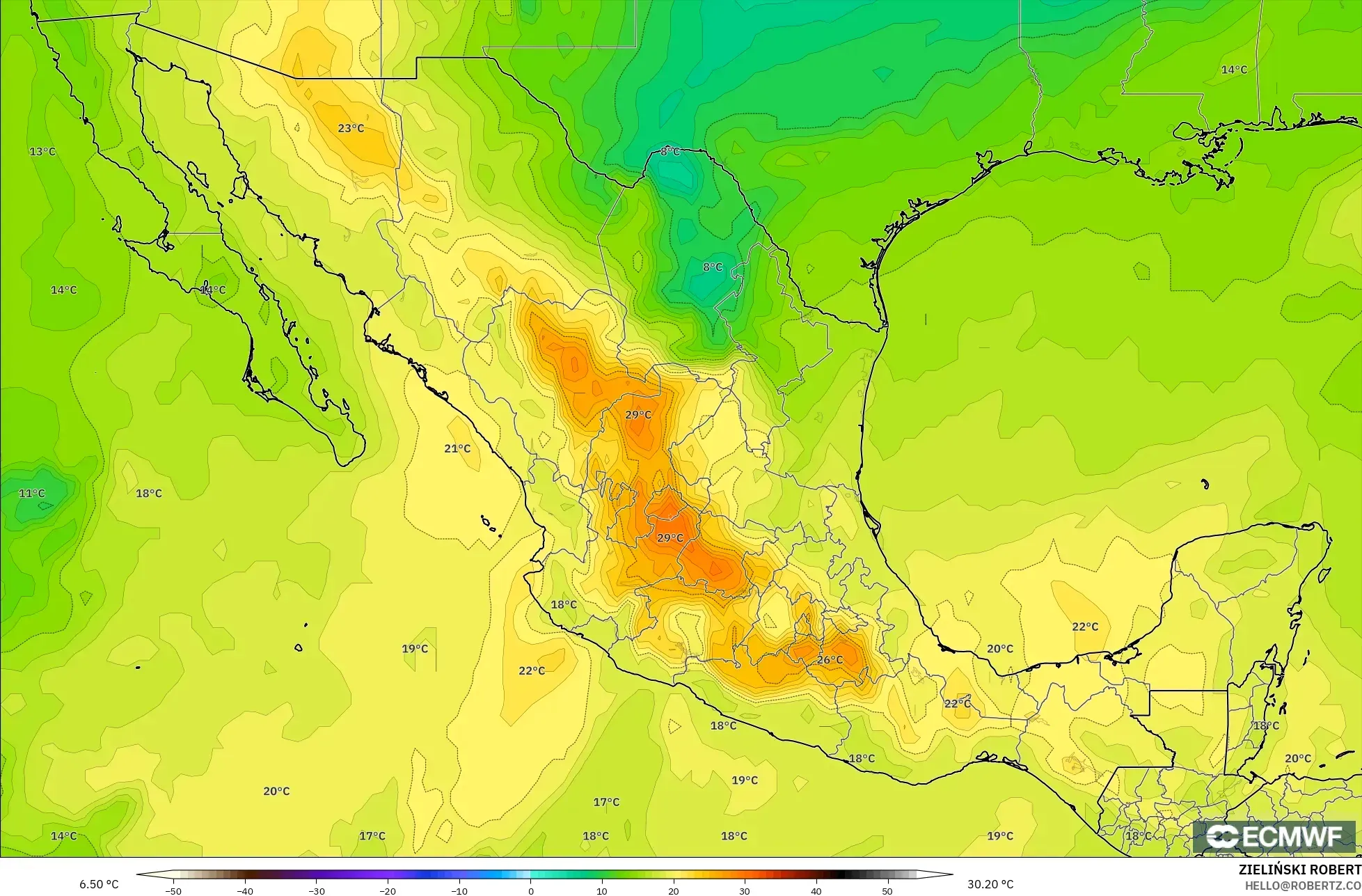 ECMWF IFS 0.25° modelo - México, Temperatura a 850 hPa