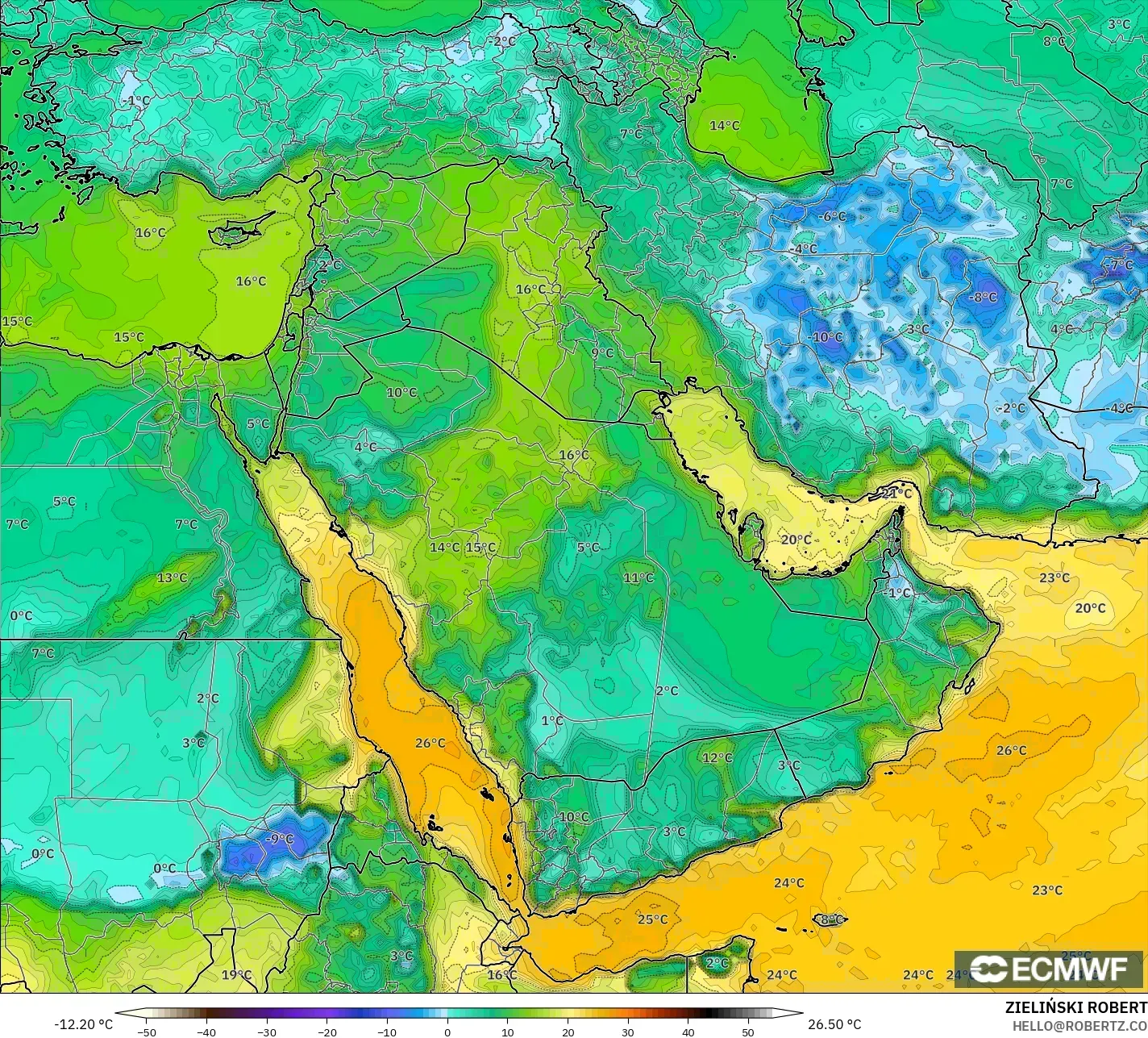 ECMWF IFS 0.25° modelo - Oriente Medio, Punto de rocío a 2 m