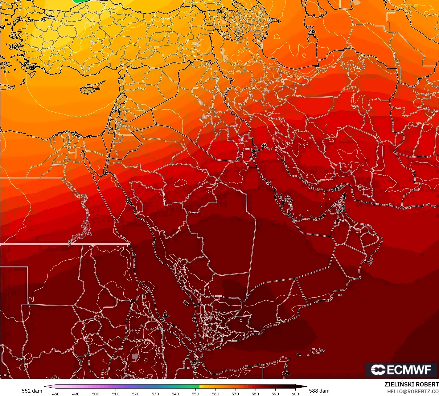 ECMWF IFS 0.25° modelo - Oriente Medio, Altura geopotencial a 500 hPa
