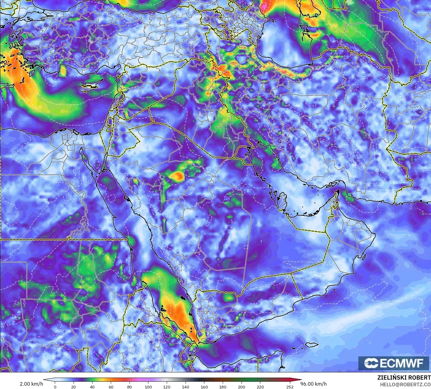 ECMWF IFS 0.25° modelo - Oriente Medio, Ráfagas de viento