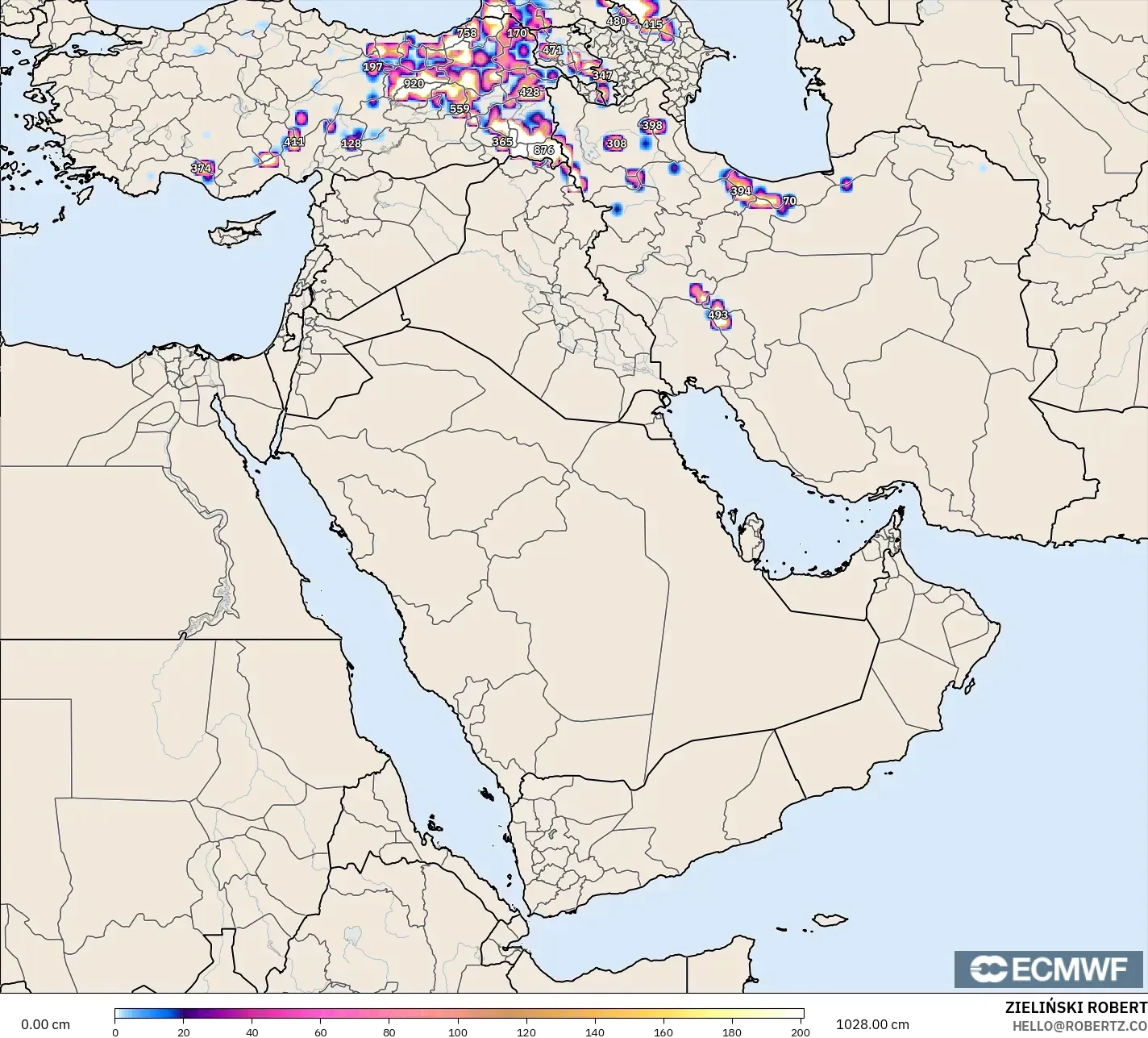 ECMWF IFS 0.25° modelo - Oriente Medio, Profundidad de nieve